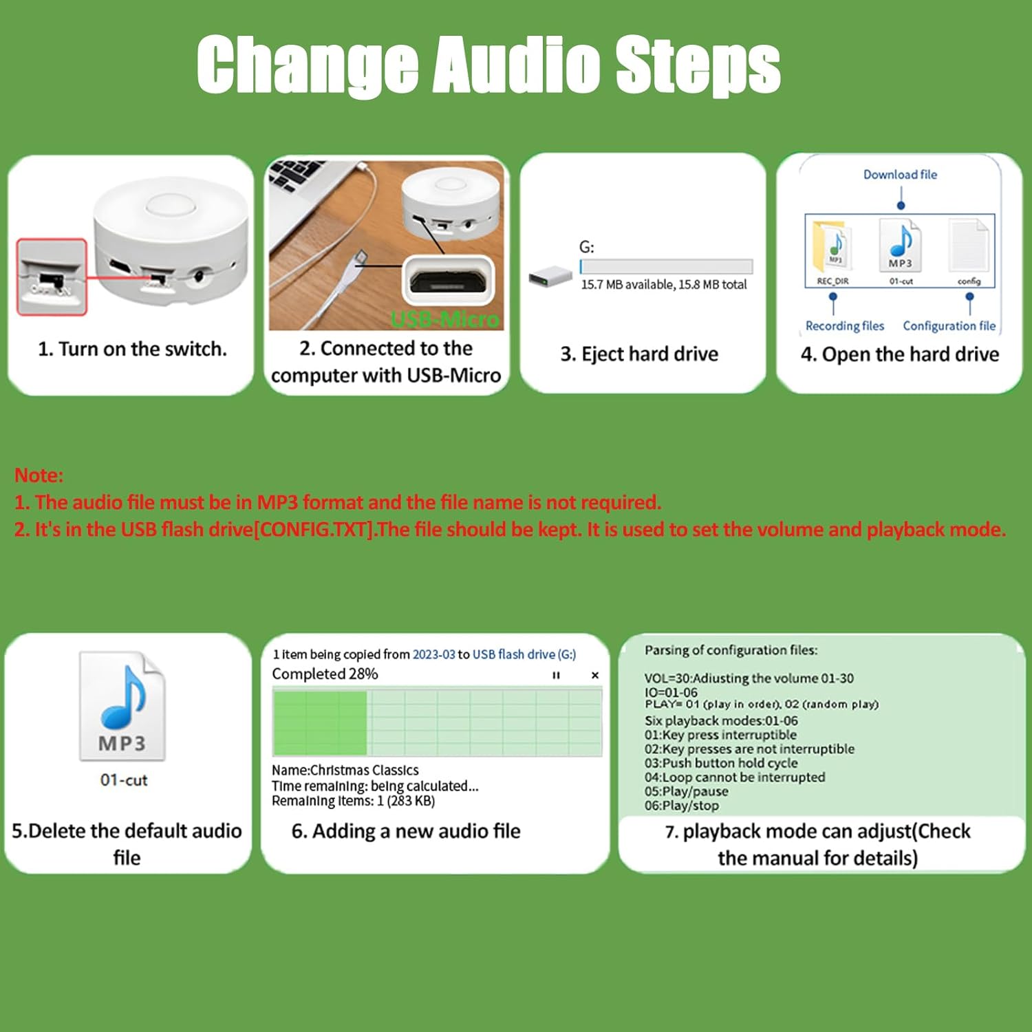 Seven-step visual guide for changing audio files on the XLW YYR08 Voice Recorder: 1. Turn on the switch. 2. Connect to computer with USB-Micro. 3. Eject hard drive. 4. Open the hard drive. 5. Delete the default audio file. 6. Add a new audio file. 7. Playback mode can be adjusted via CONFIG.TXT.