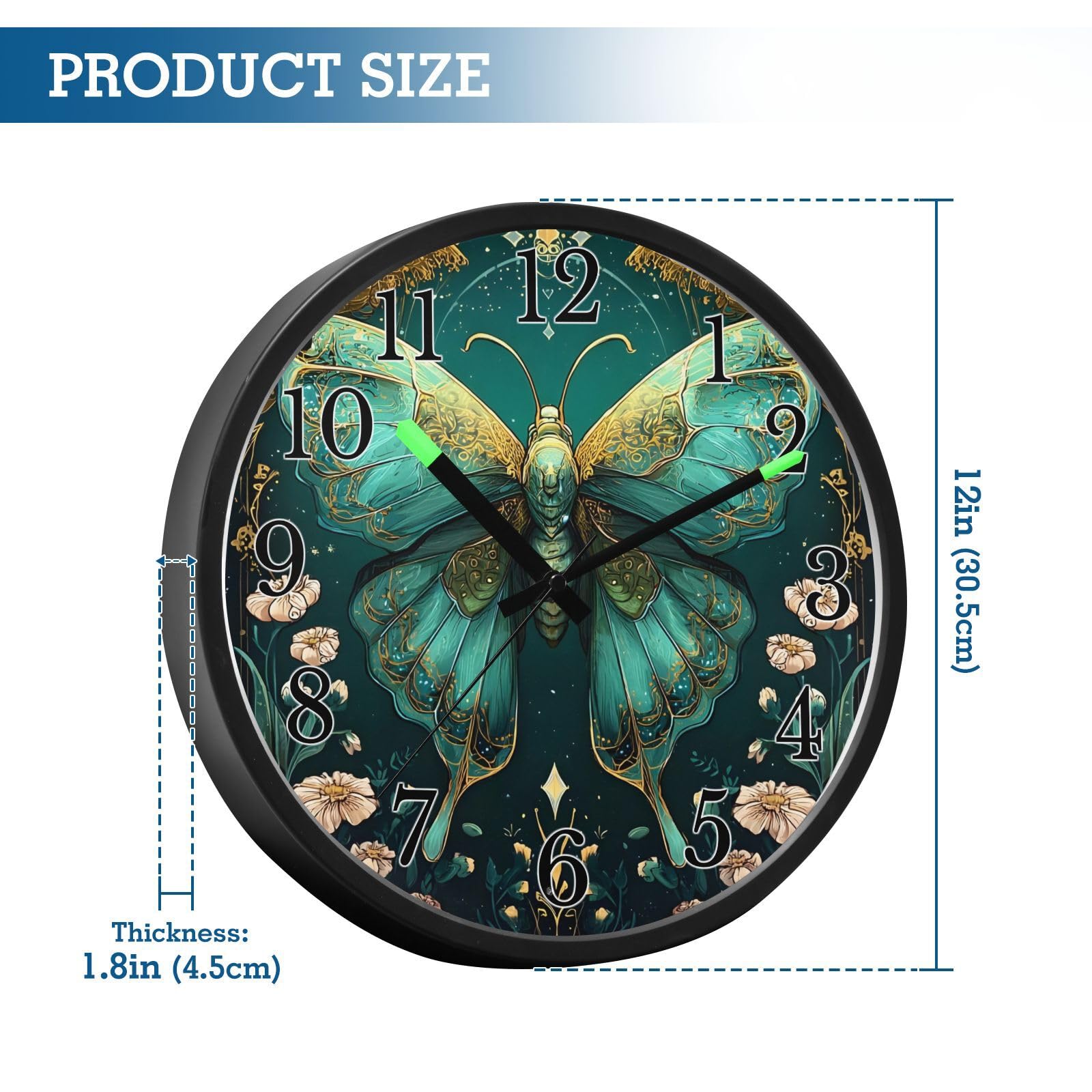 Mnsruu Reloj de pared luminoso con diseño de luna, polilla, flores, bosque verde, reloj de pared que brilla en la oscuridad, funciona con pilas, silencioso, sin tictac, luz nocturna para dormitorio