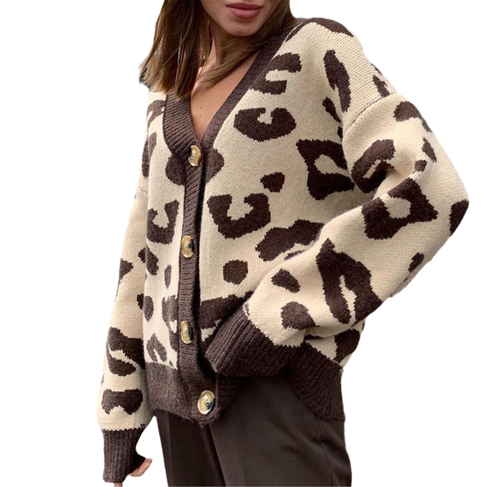 Mujeres Otoño Invierno Botón Suelto Suéter Abrigo Chaqueta Chaqueta Chaqueta De Punto De Gran Tamaño Suéteres De Manga Larga Jumper Outwear, Leopardo 332, XL