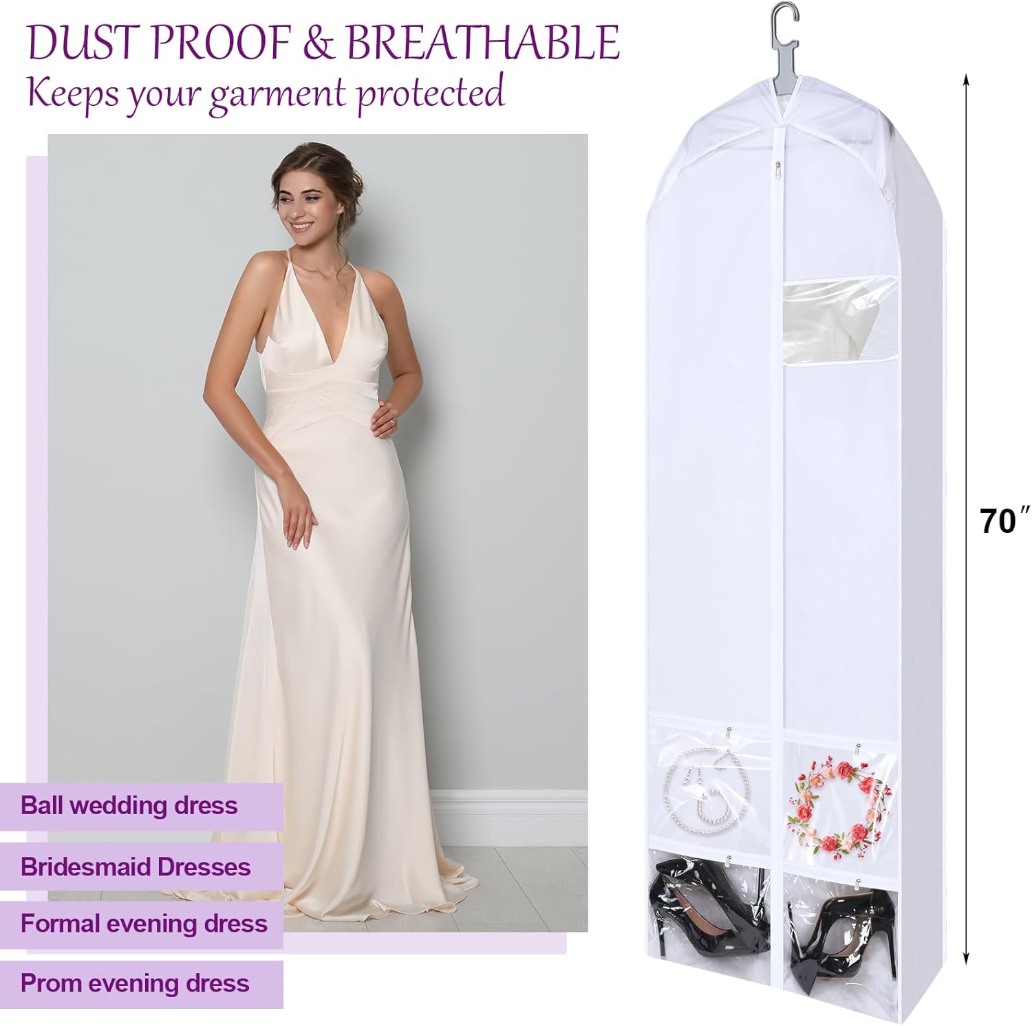 Shinylin 70" Oxford Foldable Wedding Dress Garment Bag Bride Tote Bag 4 Pockets Bride Gowns Bag for Prom Evening Dress