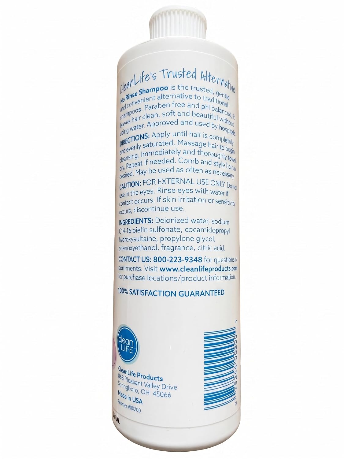 No-Rinse CleanLife Products Shampoo, 16 fl oz - Waterless, Rinse Free, Quick Foaming Liquid Formula for Surgery Recovery, Elderly Care & Camping - Leaves Hair Odor-Free - Made in USA (Pack of 2)