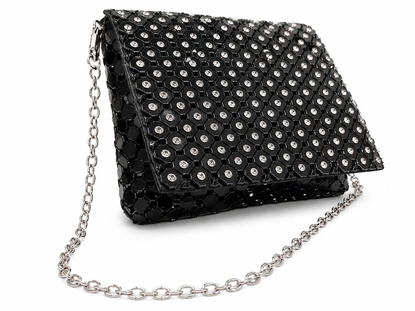 Black Rhinestone Embellished Clutch Bag with Silver Chain Strap-image-2