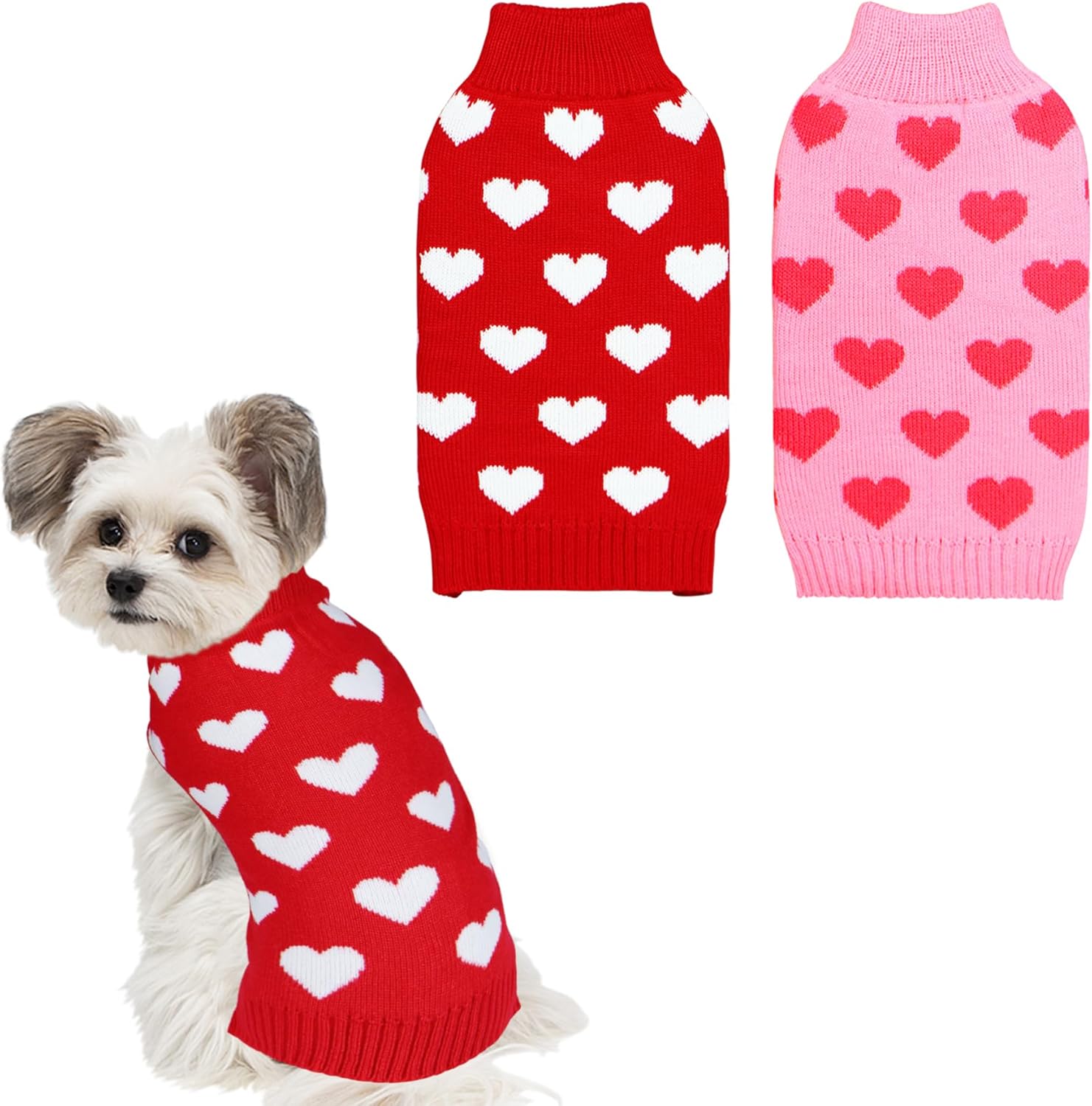 2 Pack Valentine Dog Sweater Dog Valentines Clothes Outfit Knitted Heart Sweater for Small Medium Large Dogs Pets (Red & Pink, Medium)