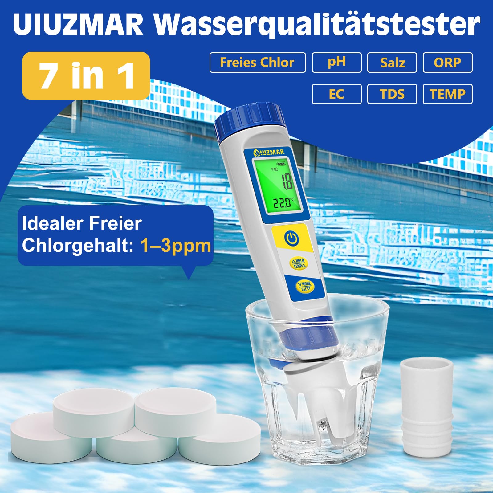 UIUZMAR Pool pH Chlor Messgerät und 7 in 1 Salzmessgerät für Pools