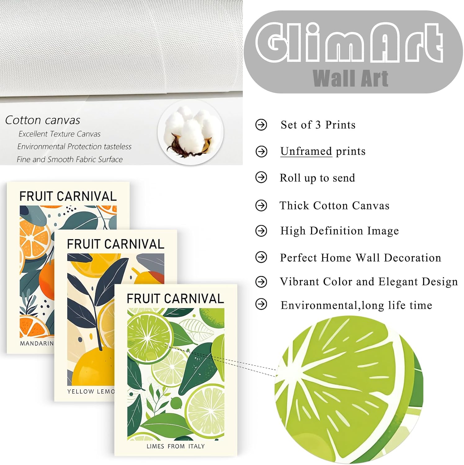 Fruit Market Wall Art Prints Posters Kitchen Canvas Paintings ArtWork for Walls Lemon Orange Green Pictures Fresh Botanical Natural Decor for Dining Room Living Room 12x16 Inch Unframed Set of 3