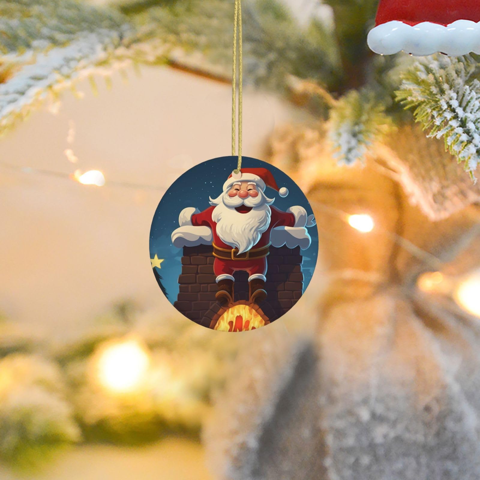 Christmas Tree Ornaments Ceramics Christmas Round Decorations Santa Into The Chimney Ceramics Ornaments Circle Pentagram Xmas Tree Hanging Pendant for Christmas Tree Party Holiday Home Decor