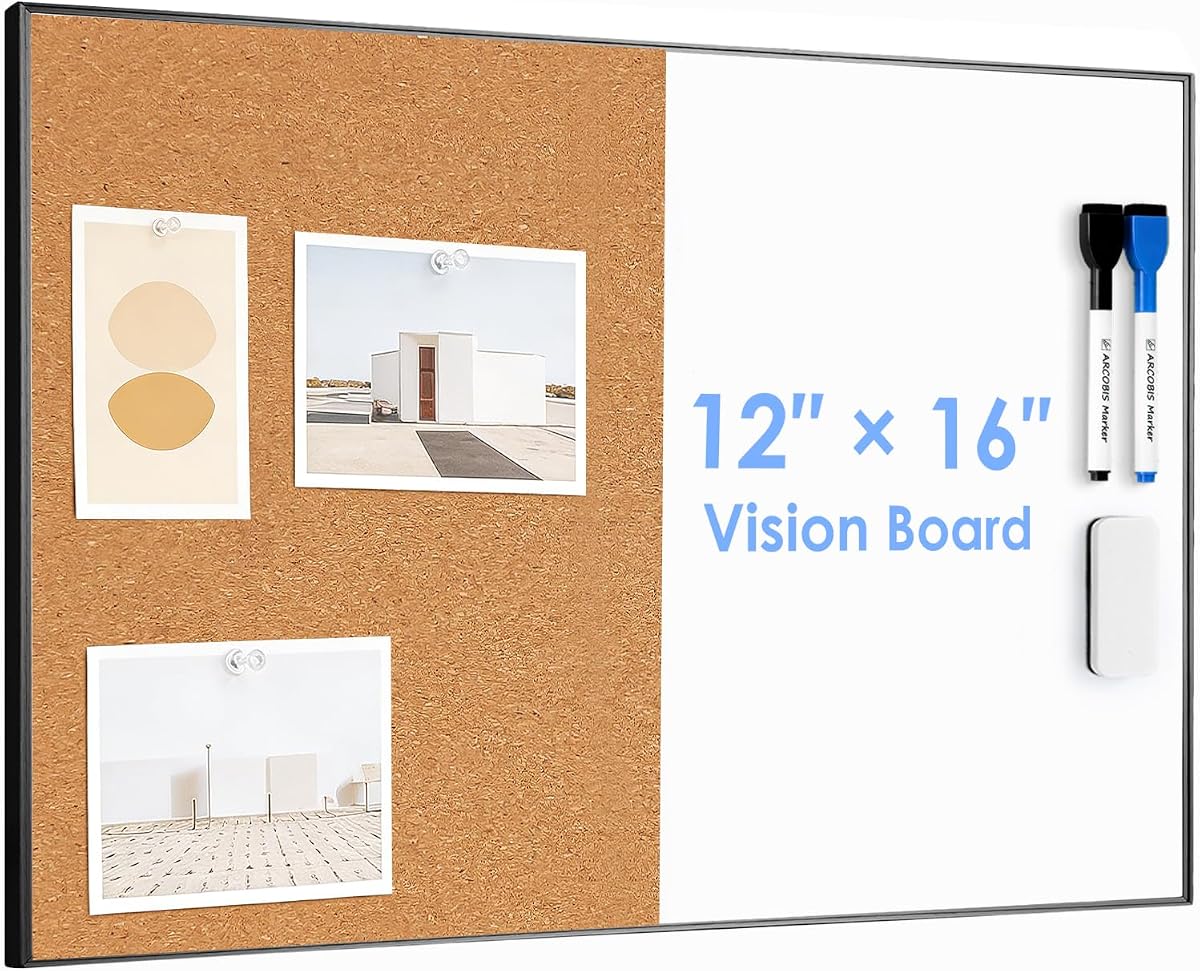 Cork Board White Board Combo | 11.6"X15.7" Bulletin Board, Magnetic Dry Erase Board & Corkboard for Wall, Vision Board for Home, Office, School, Black Frame
