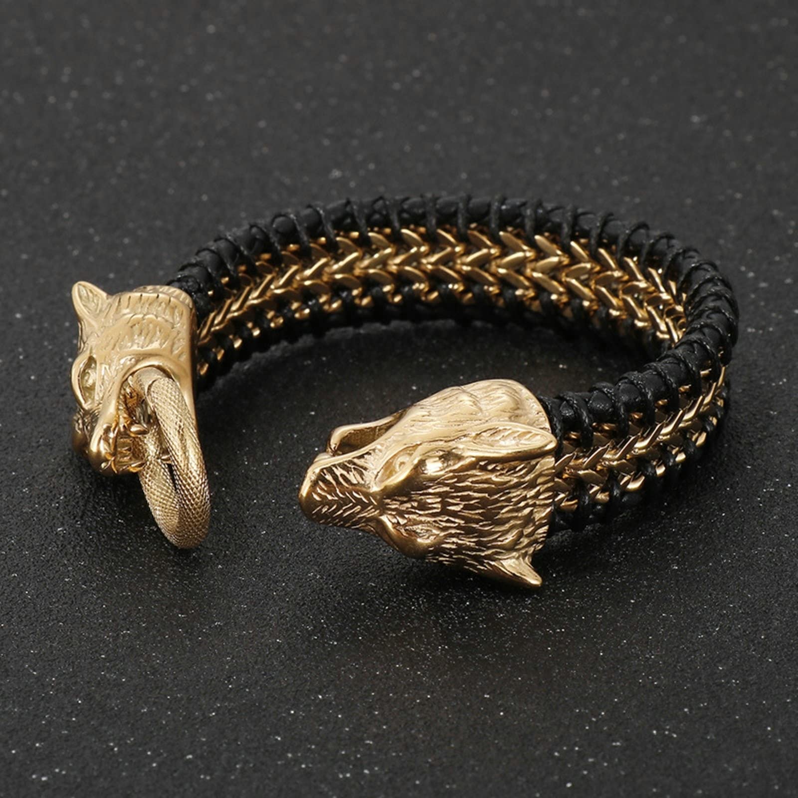 Aeici Pulsera de acero para hombre, pulsera de cuero indio para hombre, pulsera trenzada con cabeza de lobo