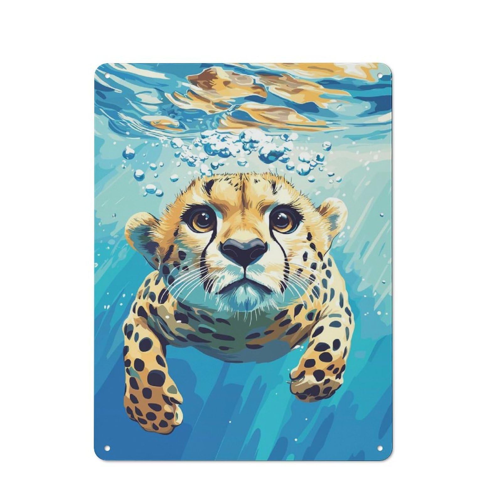 Junmoney Style-2 Cheetah Cub Swimming Underwater Illustration Printed Metal Sign 40X30cm For Café Or Home Bar, For Kitchen And Home Bar Decor, For Cafés, Pubs And Restaurants