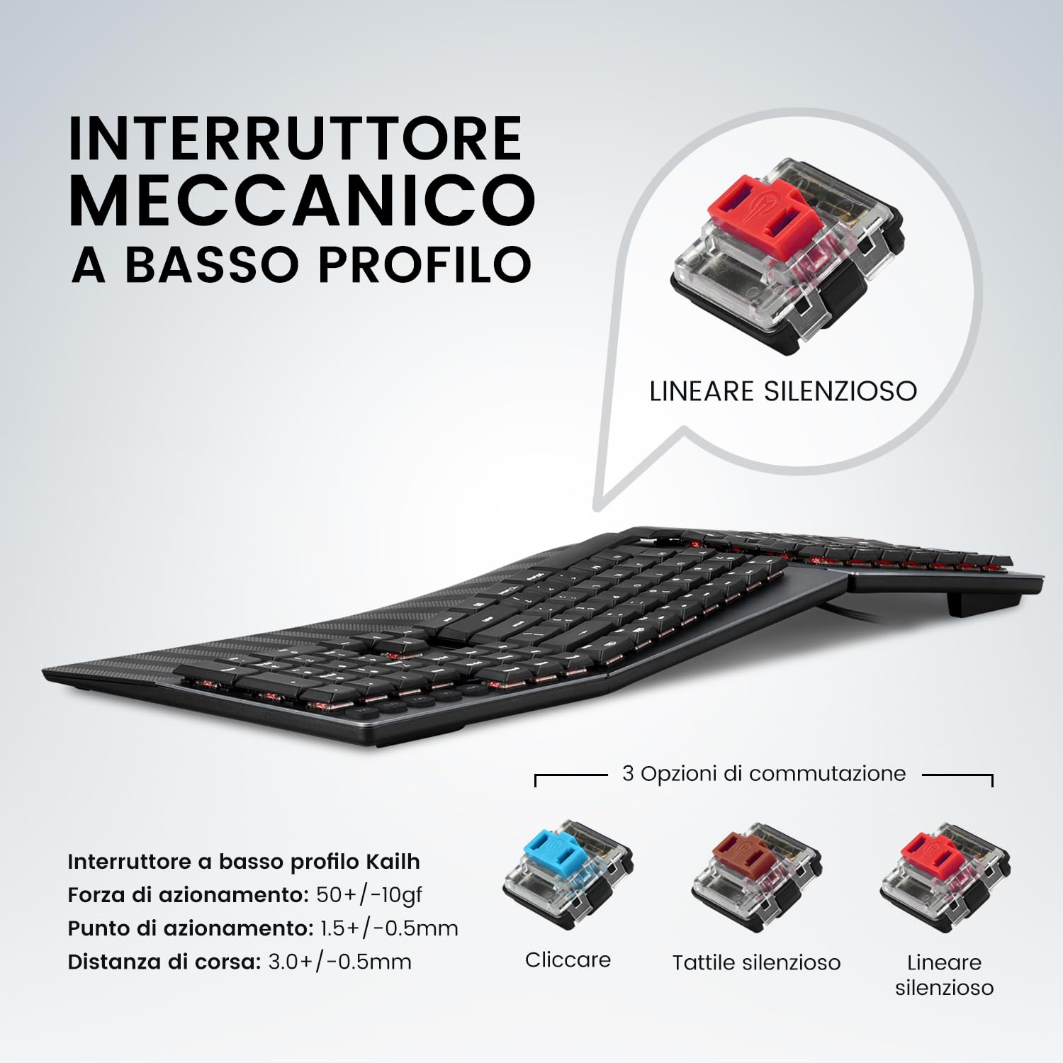 Perixx PERIBOARD-535 RD Tastiera Ergonomica Meccanica a filo - Tasti Lineari Rossi - Macro Programmabili - Compatibile con Windows e Mac OS X - Layout QWERTY Italiano
