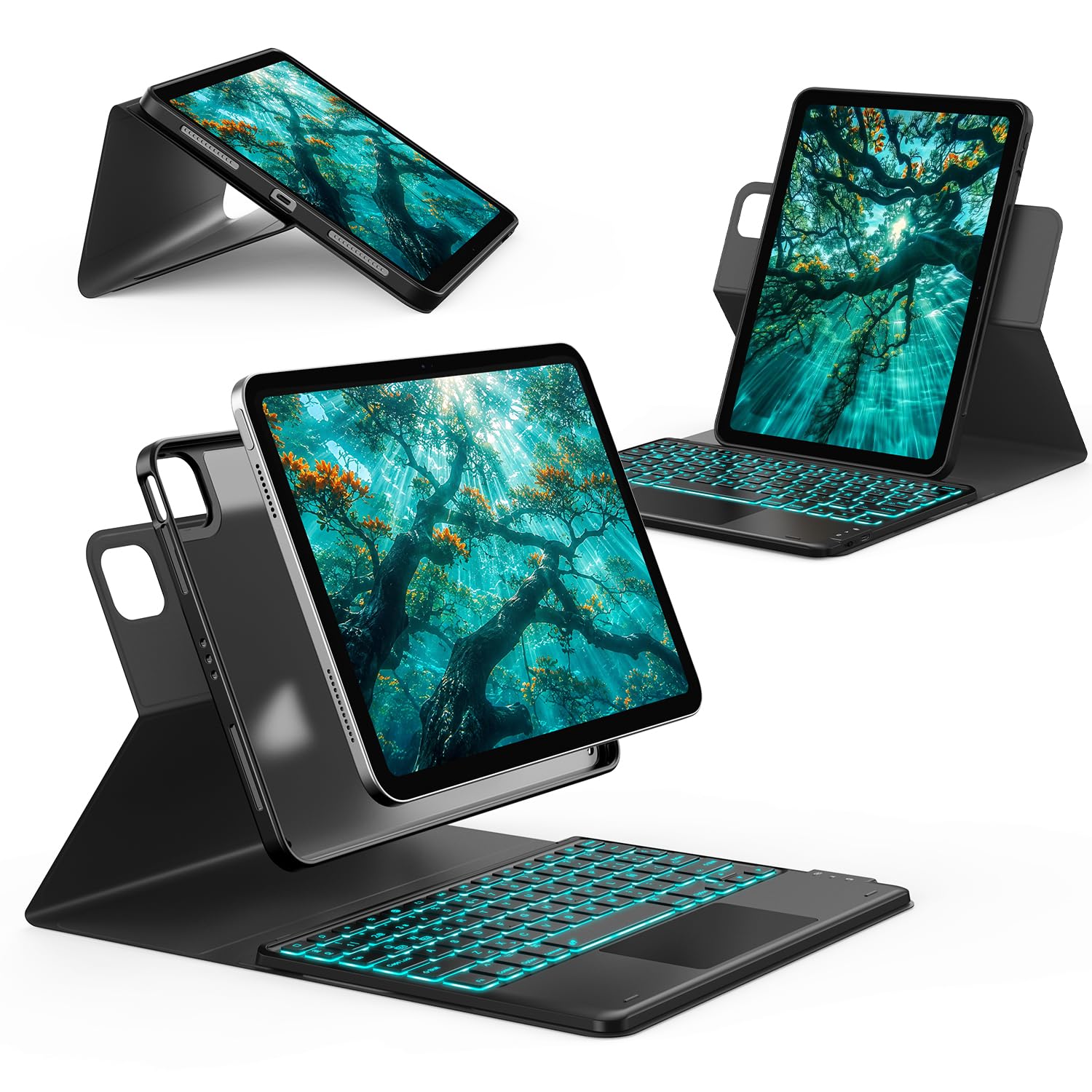 CHESONA Funda con Teclado para iPad 11(A16)/10Gen, Air 11" M4/M3/M2,Air 5/4 | Modos de Ángulo Alto y Bajo, Teclado Bluetooth Magnético con Retroiluminación de 7 Colores, QWERTY Español Ñ, Negro