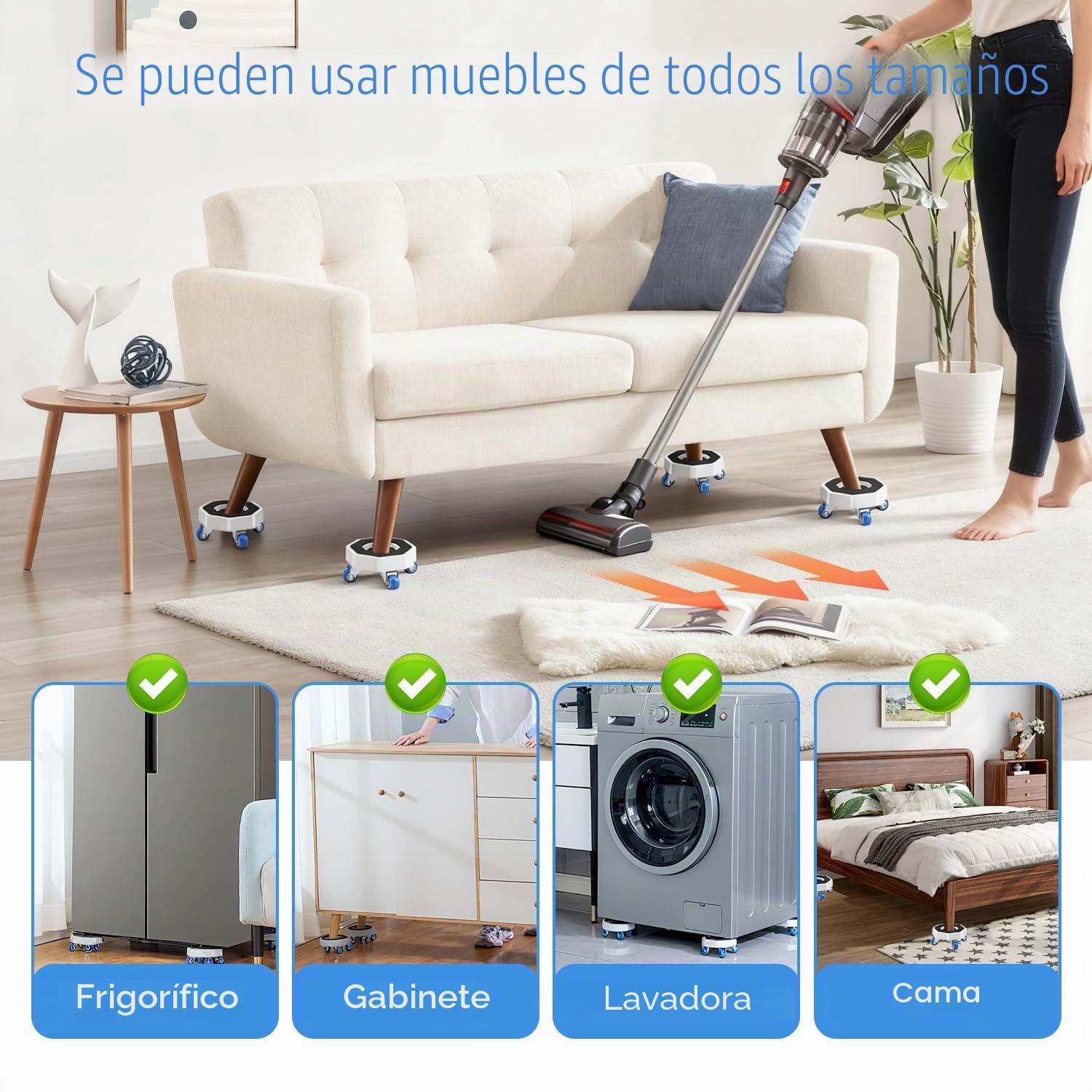 Set de 6 Ruedas para Muebles con 4 Ruedas para Muebles Pesados 1 Dispositivo de Elevación 1 Barra Extensible 360°Giratorias Alta Capacidad de Carga Antideslizante para Furniture Mover
