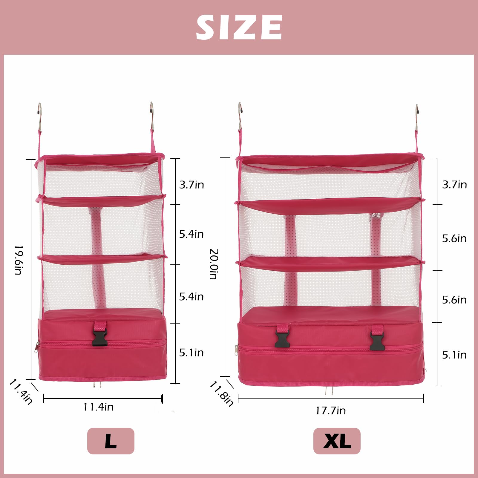 Surblue Wiszący organizer na 3 półki, kieszonkowy, składany, zmywalny, tkanina Oxford z 2 haczykami (dł. 29 x 29 x 50 cm, różowy)