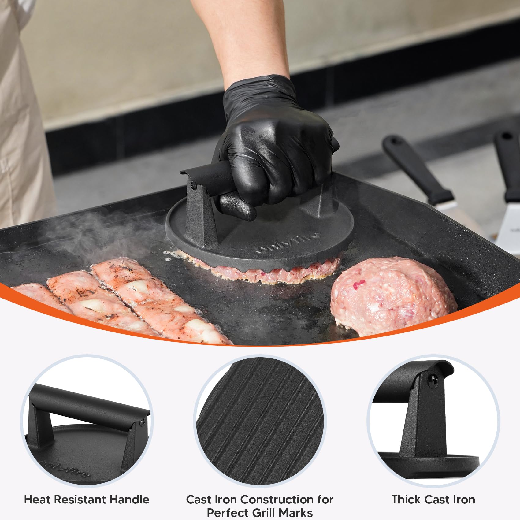 Onlyfire Set Smash Burger 3 Pièces, Presse à Burger Fonte et 2 Cloches Cuisson Acier Inoxydable, Kit Plancha Barbecue