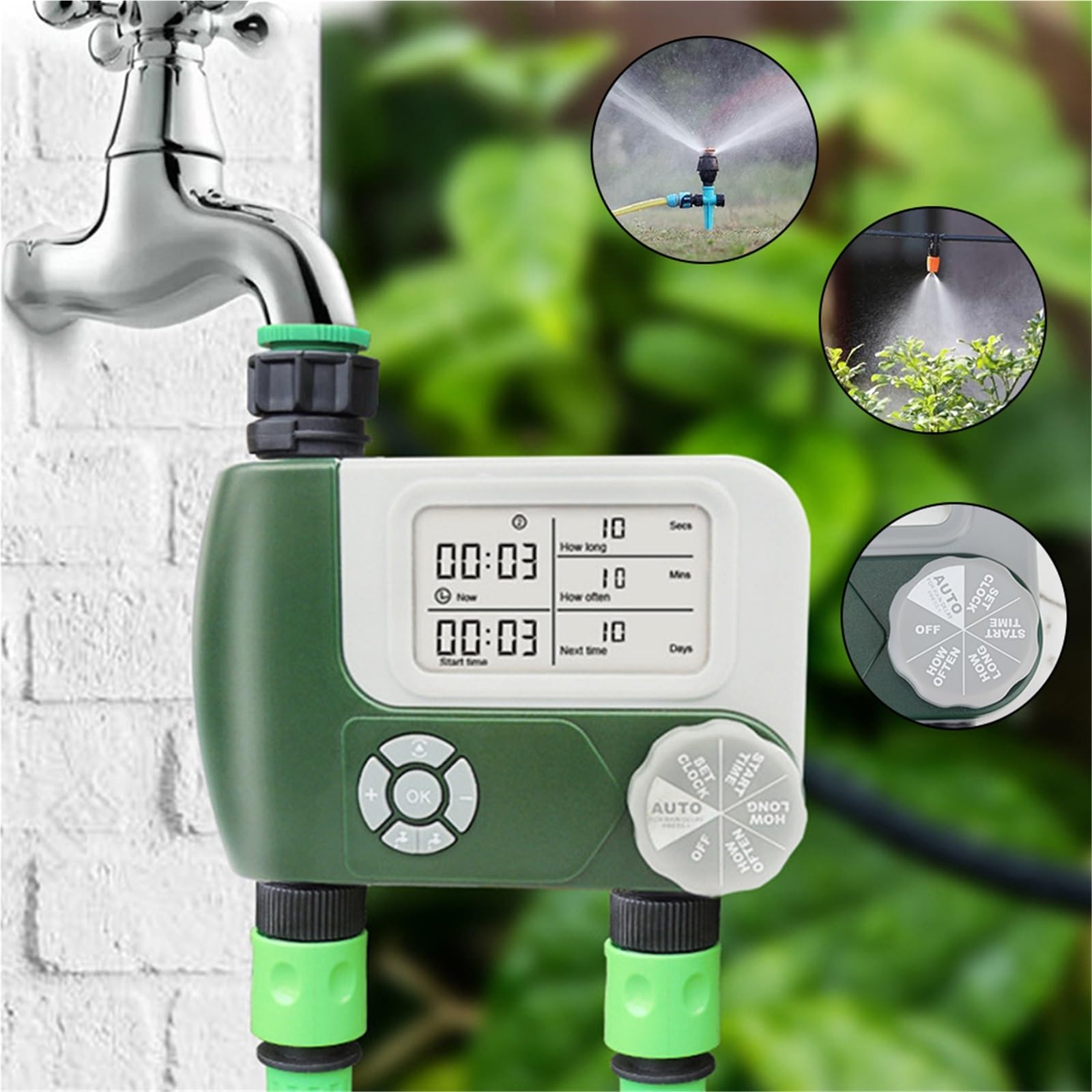 Cyfrowy minutnik wody, Timer Do Podlewania Programowalne Automatyczne Timery Cyfrowego Sterownika Ogrodowego Wąż I Kran Z 2 Wylotami Nawadniania do podlewania węża ogrodowego(Plastic Connectors)