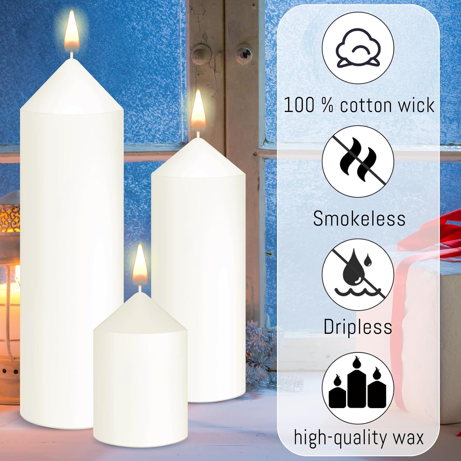 MTLEE 60 Pcs Set of 3 White Pillar Candles Bulk 2 in x 3, 5, 8 Inch Large Clean Smokeless Unscented Candles for Wedding Home Restaurant Spa Church Lantern Fireplace Ceremony Party Decoration - Image 3