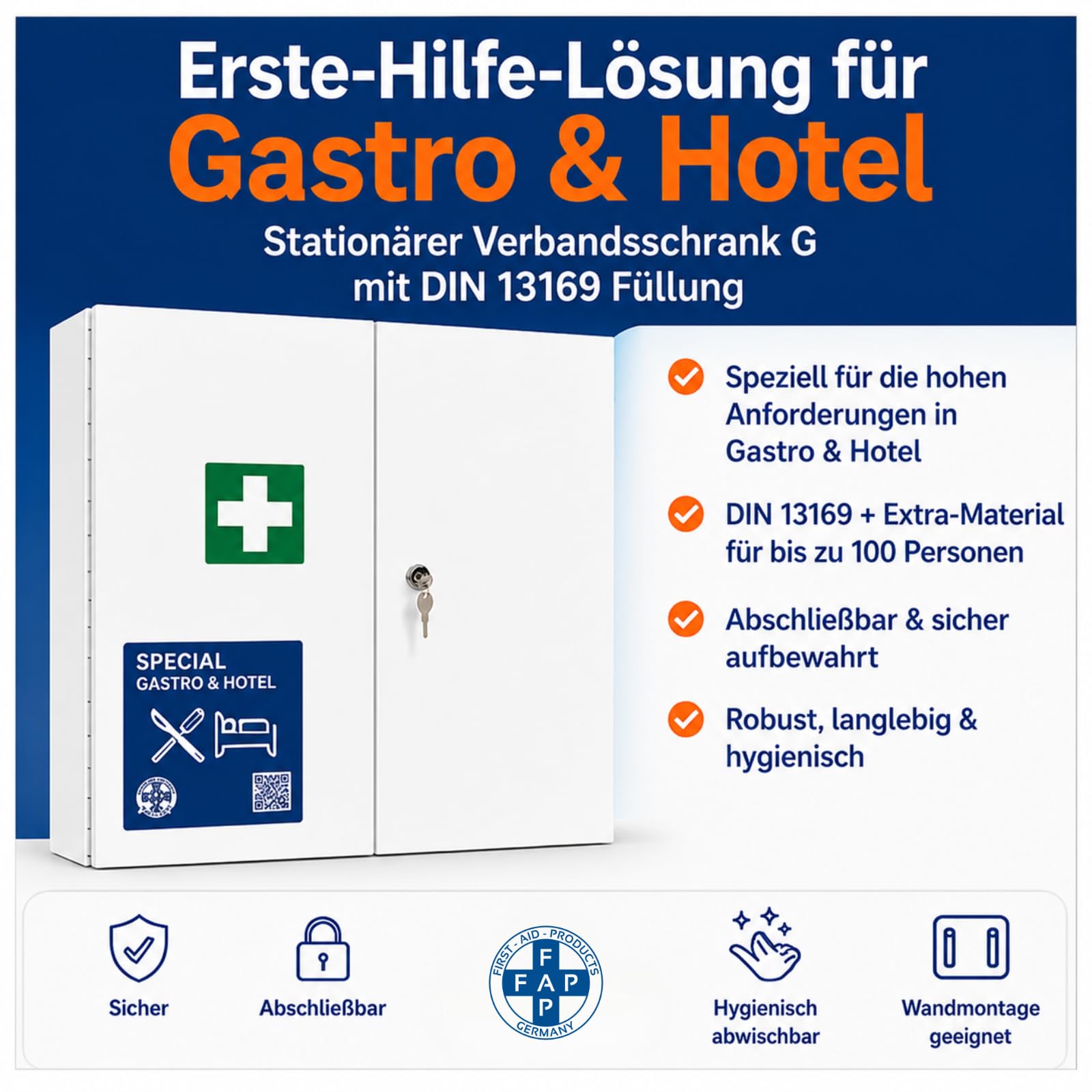 First Aid Products Gastro Erste Hilfe Verbandschrank Groß - Gastronomie Hotel mit Verbands-Set DIN13169 | Detect-Pflaster HACCP & Burngel | für Küche Restaurant für Wandmontage - Zwei Türen 60×50×13cm