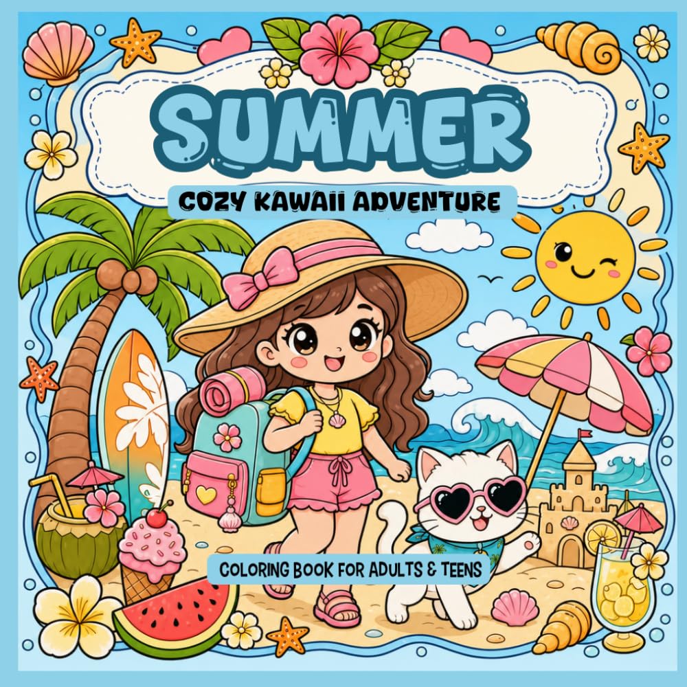 Summer Cozy Kawaii Adventure Coloring Book for Adults & Teens: Bold and Easy Coloring Book Featuring Cute Girls, Adorable Cats, Tropical Beaches, Cozy ... Fun Adventures and Relaxing Kawaii Moments