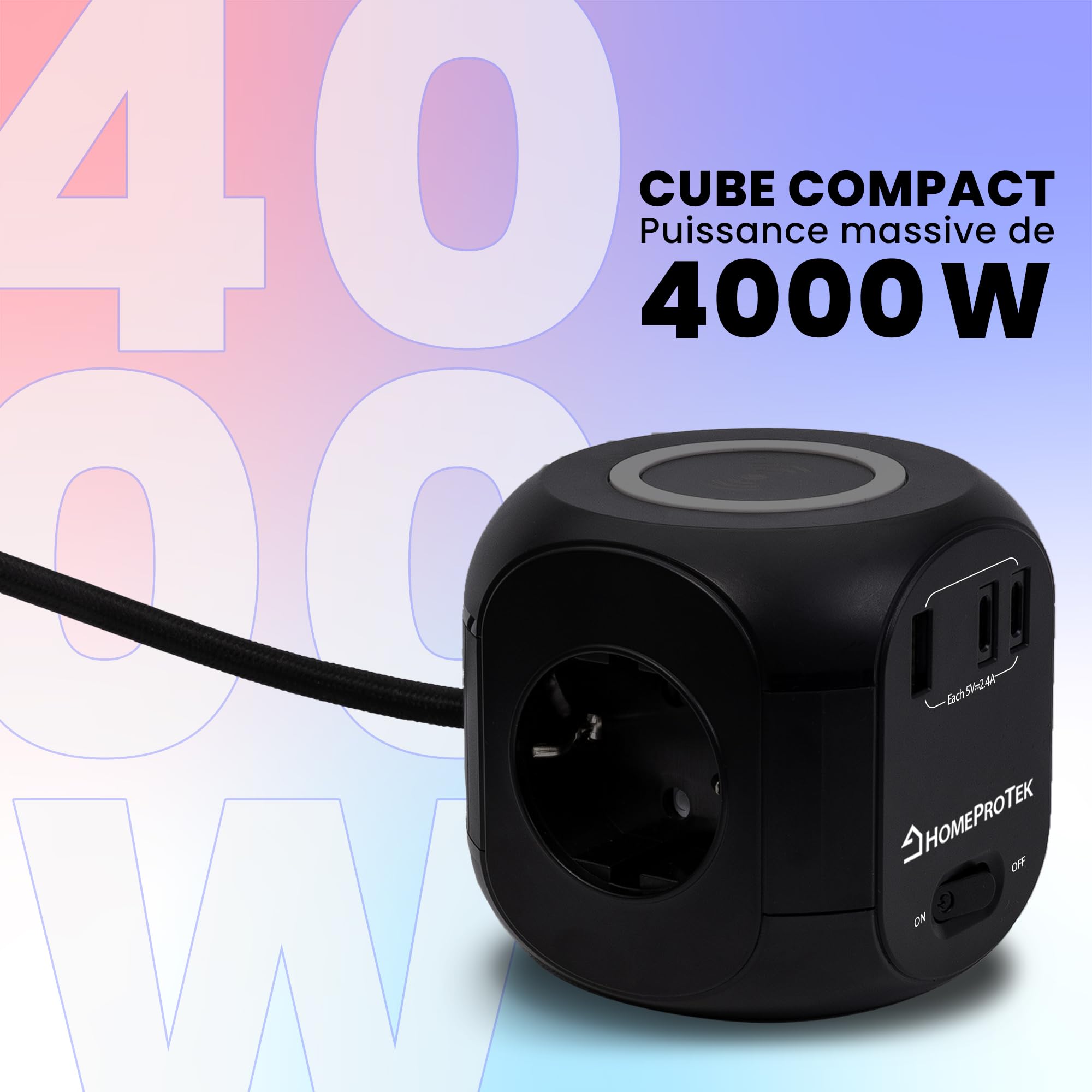 HomeProtek Multiprise Cube 3 Prises, USB-A, 2 USB-C, Noir | Chargeur sans fil et interrupteur; rallonge multiprise pour maison ou bureau