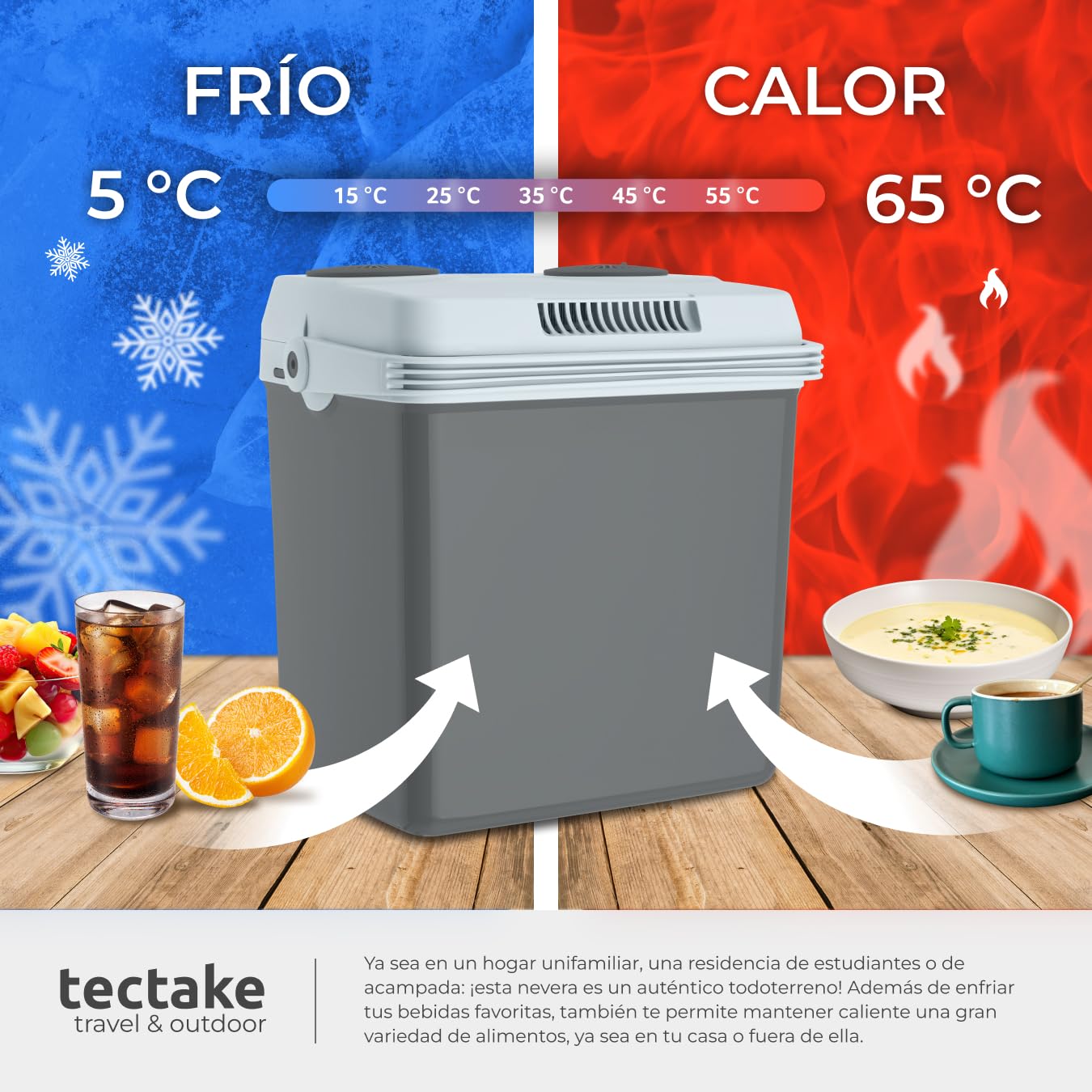 tectake® Nevera Eléctrica 2 en 1, 32 l, Funciones Refrigeración y Calentamiento, 44 x 32 x 45 cm, Modo Eco, Silencioso, 230 V y 12 V Enchufes Domésticos y del Coche, Acampada, con Aislamiento - Gris