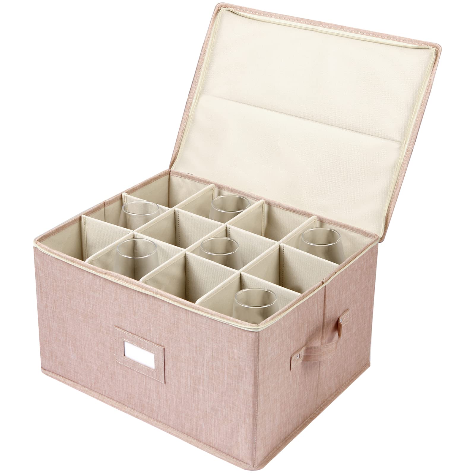 popolyWine Glass Storage Box, Stemware Storage Containers Cases with Dividers, Stackable Moving Supplies for 12 Wine Glasses, Drinkware, Glassware or Crystal (Beige)