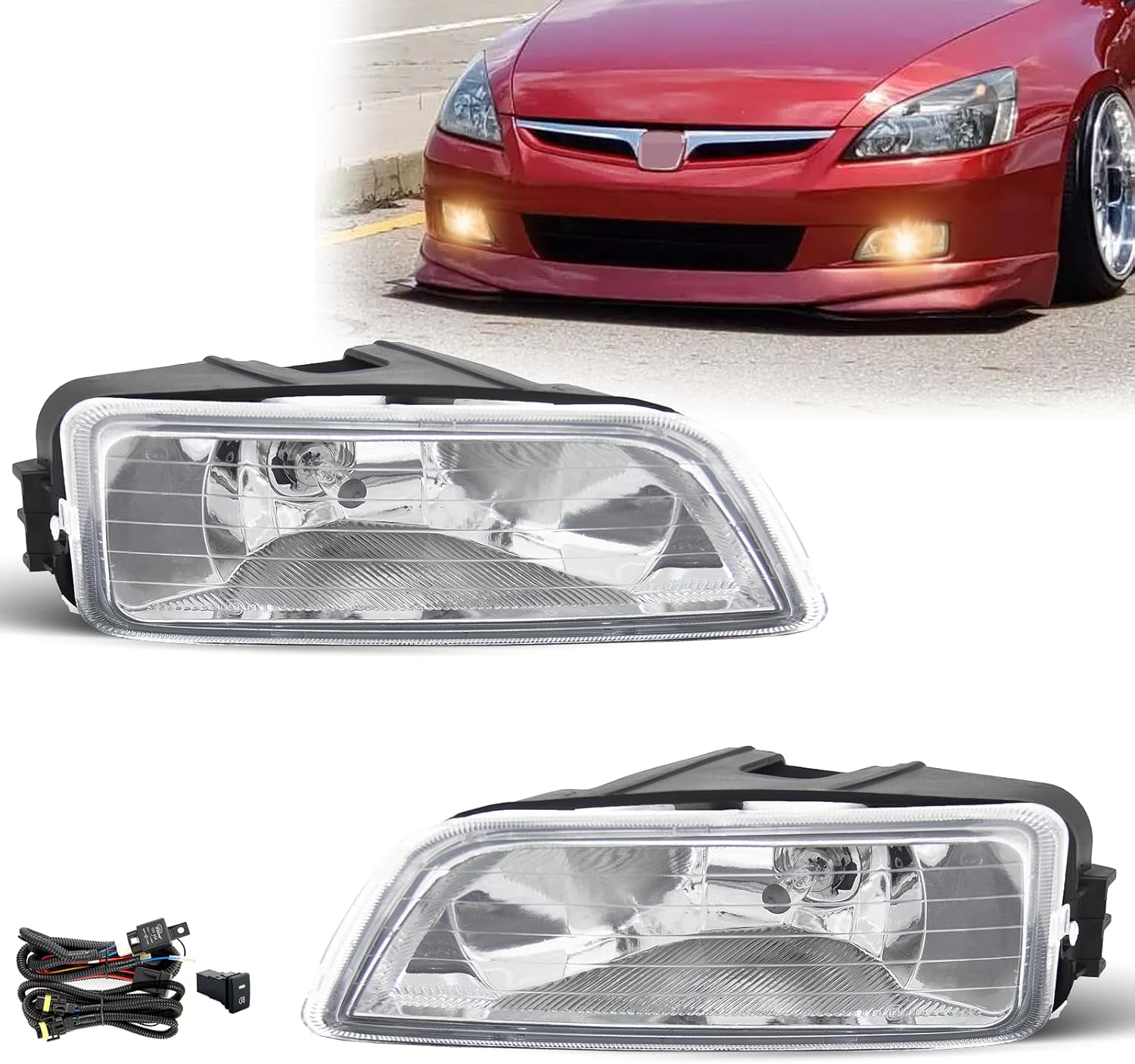 Fog Lights Assembly for 2003 2004 2005 2006 2007 Honda Accord Sedan Replacement Kit with Wiring and Switch H11 12V 55W Halogen Bulbs(Clear Lens)