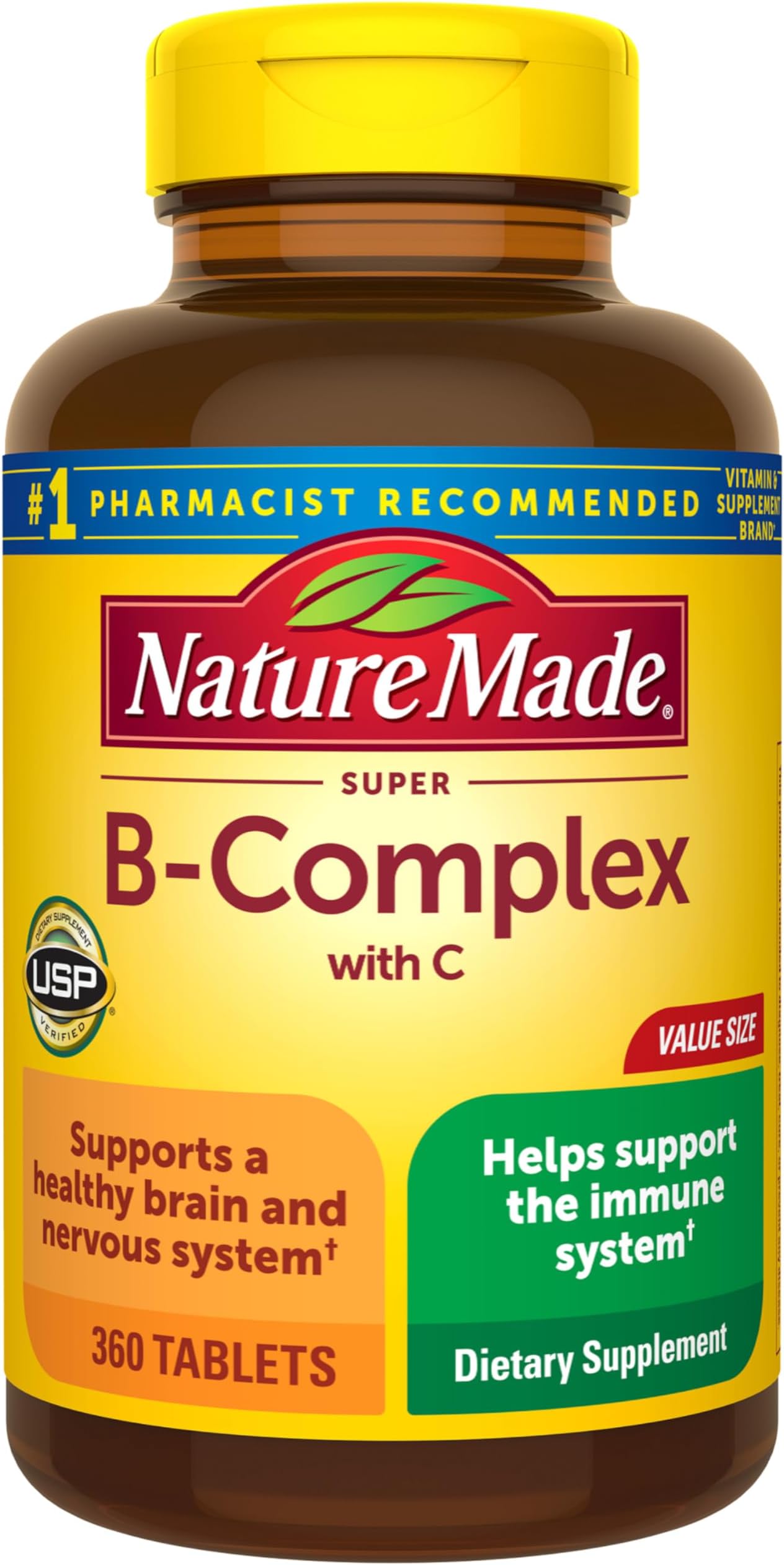 Nature Made Super B Complex with Vitamin C & Folic Acid, B Complex Vitamins for Women and Men, Dietary Supplement for Immune Support, 360 Tablets, 360 Day Supply
