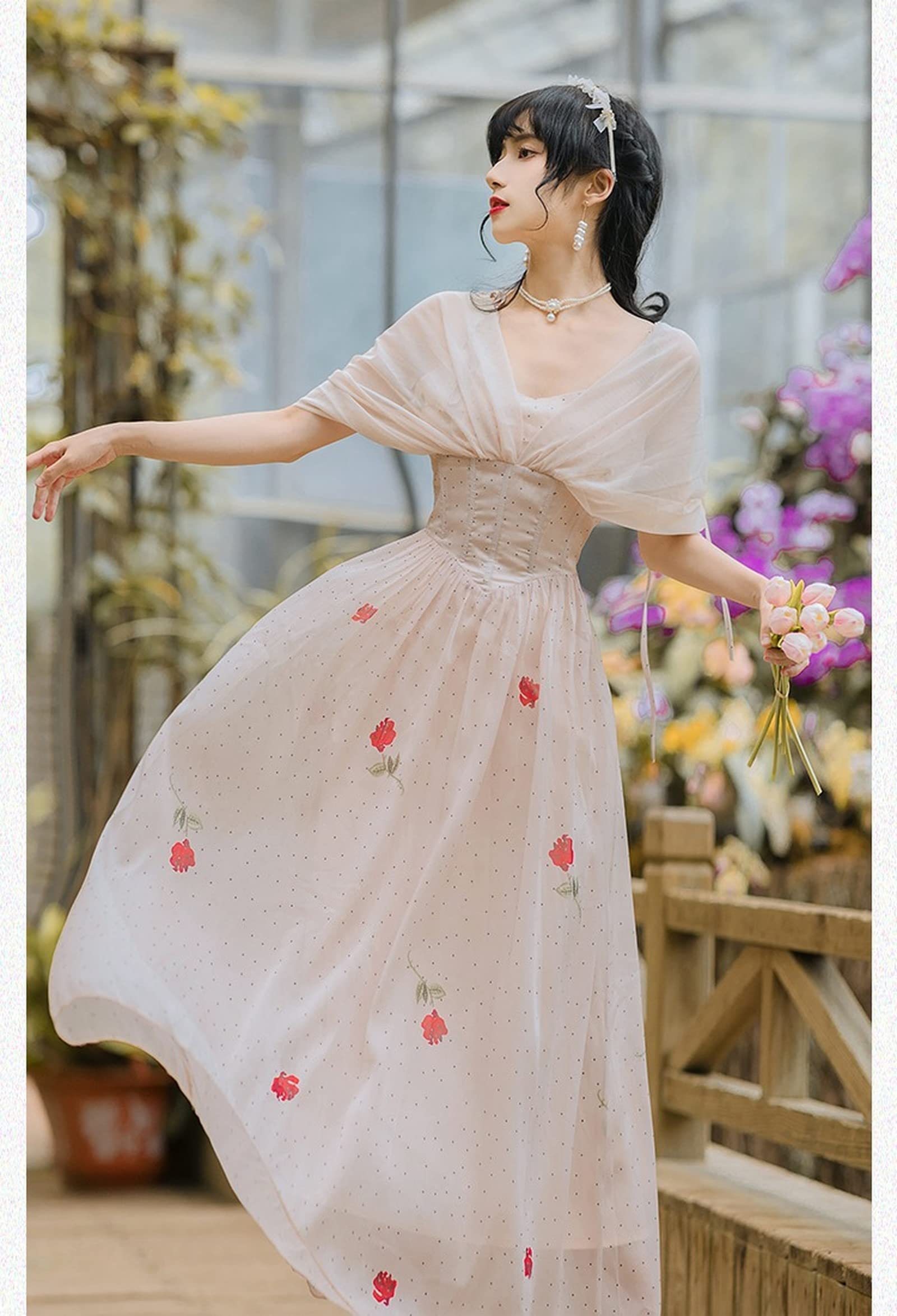 Damska wróżka długa sukienka dekolt w serek kwiatowy nadruk siatka stylowa romantyczna sukienka elegancka rękaw nietoperzowy kobieca elegancka sukienka