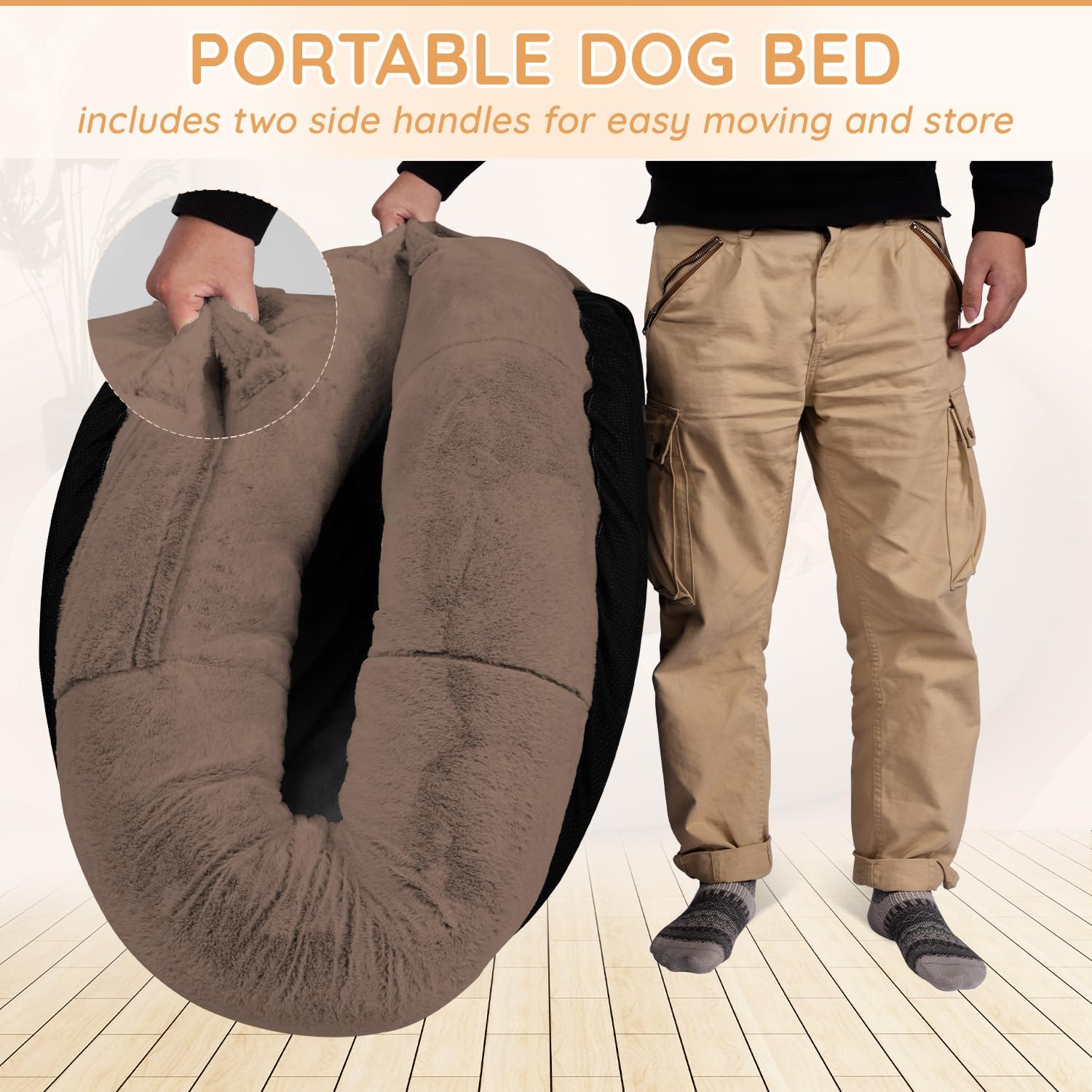 Human Dog Bed,71"x45"x14" Human Sized for Adult People Fits Pets, Washable Faux Fur Orthopedic Dog Bean Bed with Storage Pocket, Brown