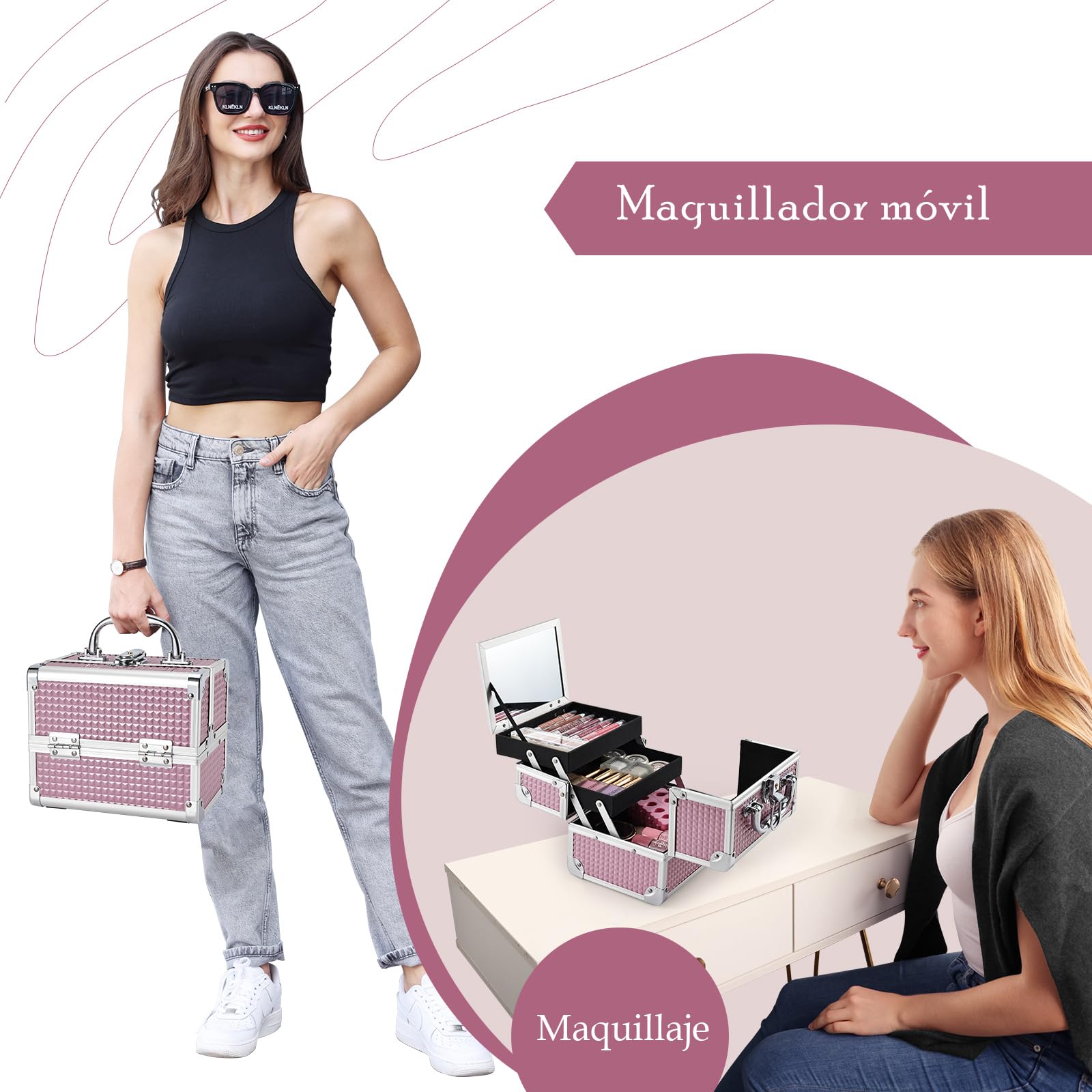 Maletín Maquillaje Rosa Estuche Maquillaje Caja Maquillaje Cosméticos Vacío Profesional con Espejo y Cerradura 19.5x15x16cm Regalos para Mujeres,Rosa