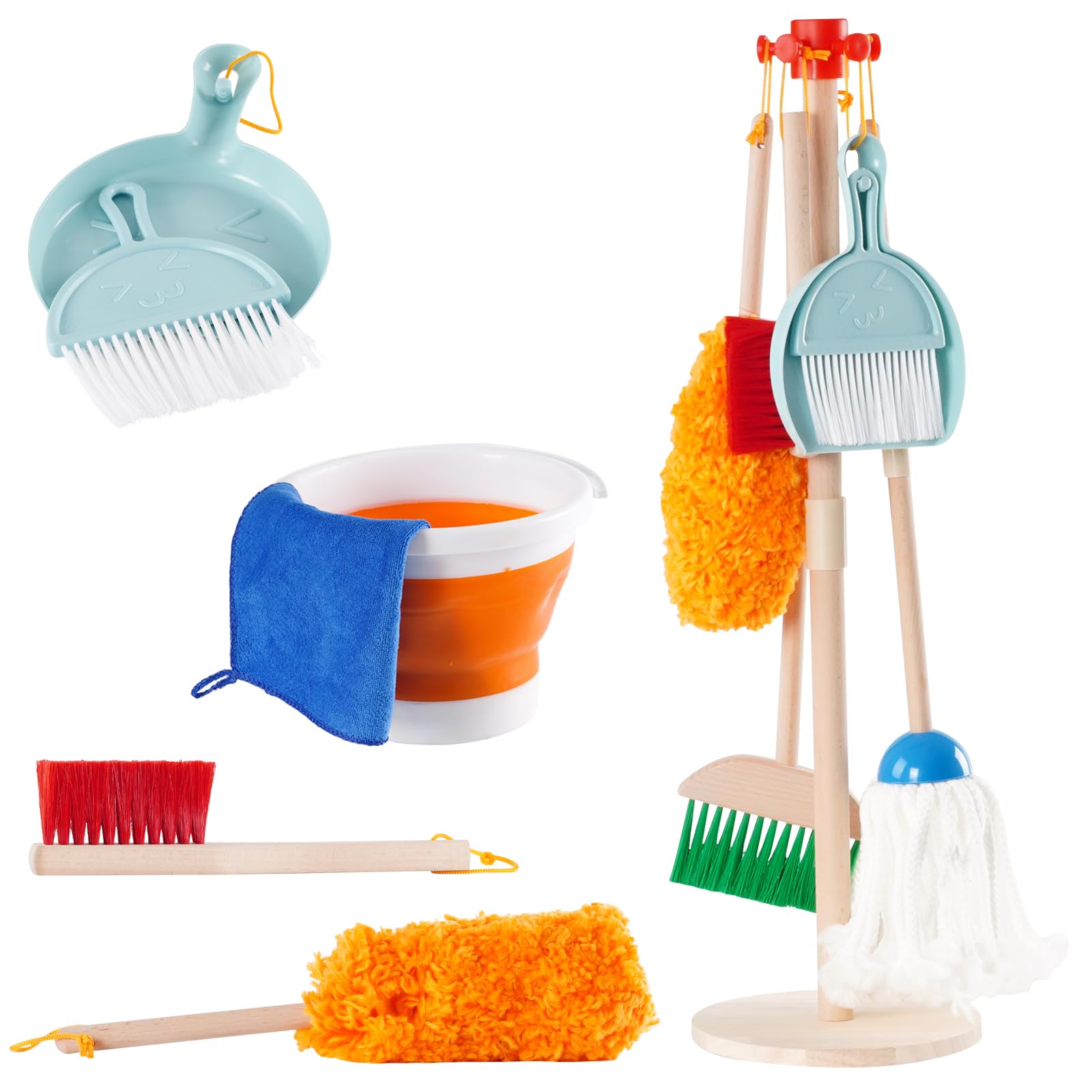 Kids Cleaning Toy Set, Pretend Play Housekeeping Set with Room Mop Duster Dustpan Brushes Rag and Organizing Stand, Toddler Cleaning Toys for Boy Girl Age 3-6