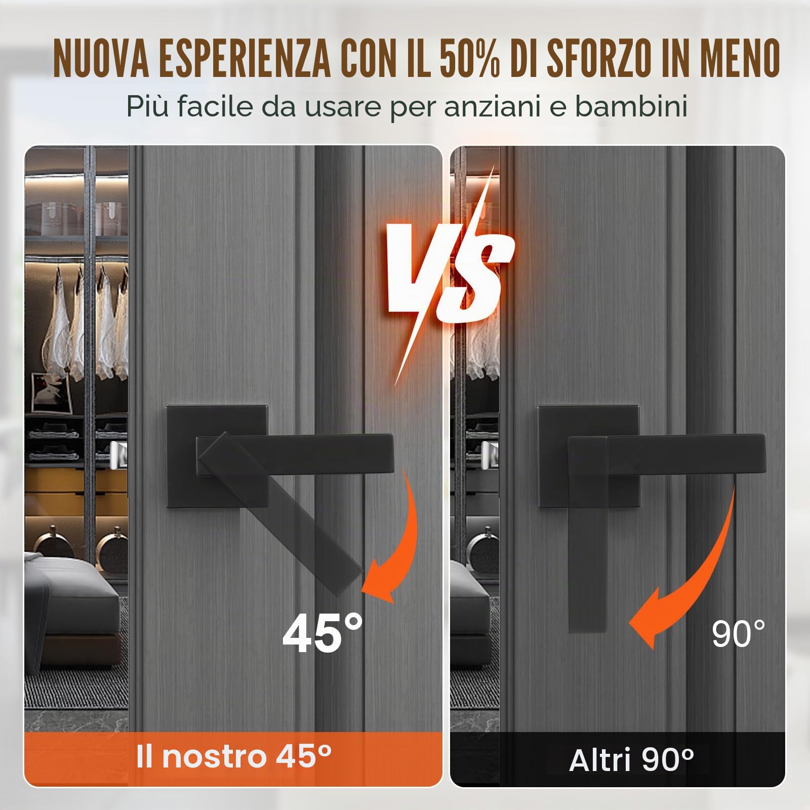 VEVOR Maniglia per Porta di Passaggio da 6 Pezzi, Leva per Porta Nera Opaca Reversibile Destra Sinistra con Serratura Senza Chiave, Rotazione di 45 Gradi per l'Apertura, Interno Quadrato Universale