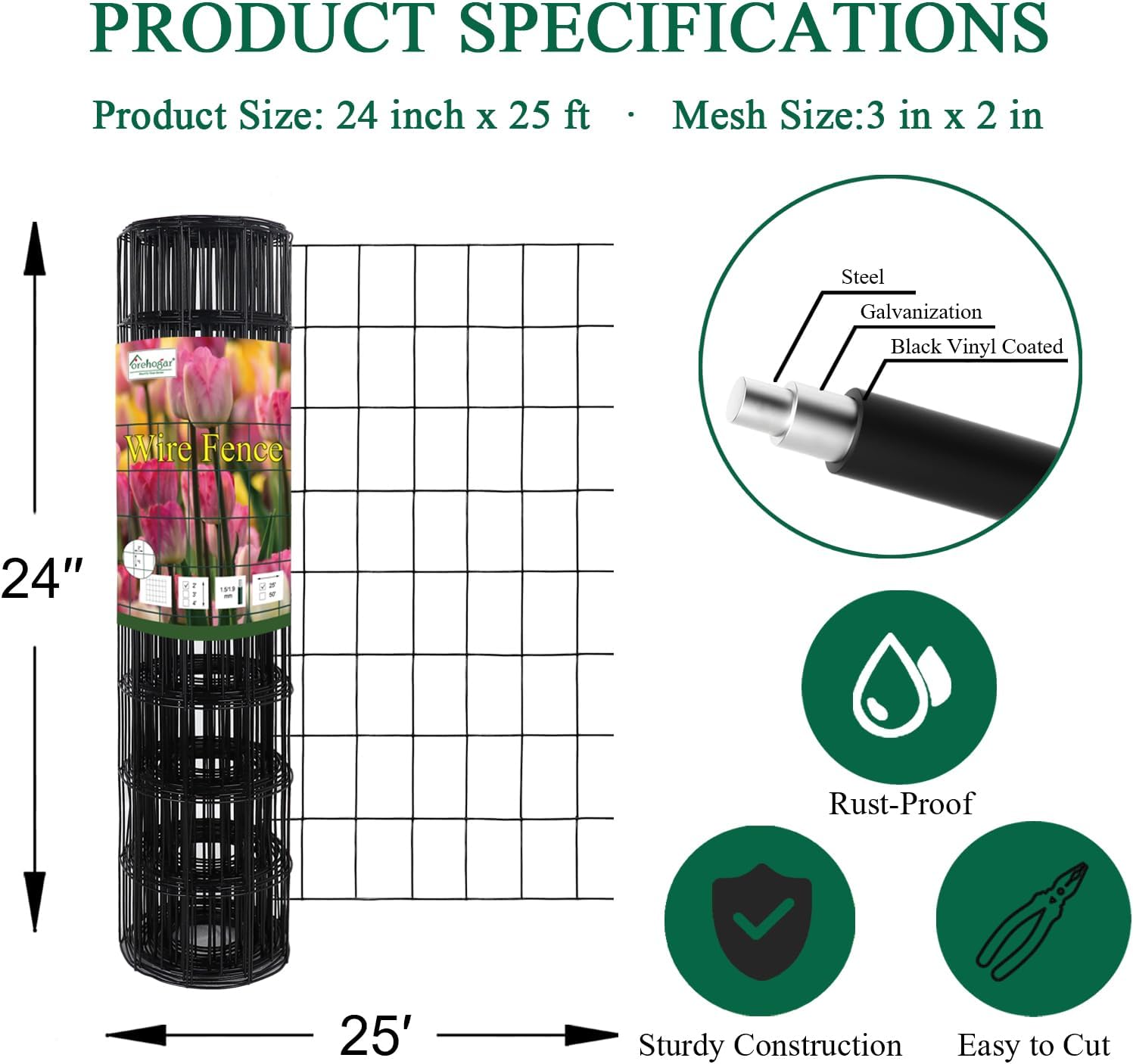 FOREHOGAR Black PVC Coated Welded Wire Fence 24 Inch x 25 Foot, 2 Inch x 3 Inch 16GA, Garden Border Fencing Roll Vinyl Coating Metal Wire Mesh for Yard Vegetable Plant Protection Poultry Netting