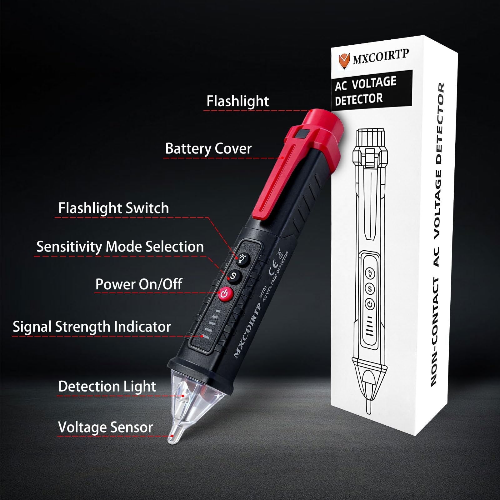 MXCOIRTP Voltage Tester, Non-Contact Voltage Detector, Electrical Tester, 3 Ranges AC 12V/48V/70V-1000V, Live/Null Wire Tester with Buzzer Alarm and Flashlight, Wire Breakpoint Finder - Black — Amazon image 2