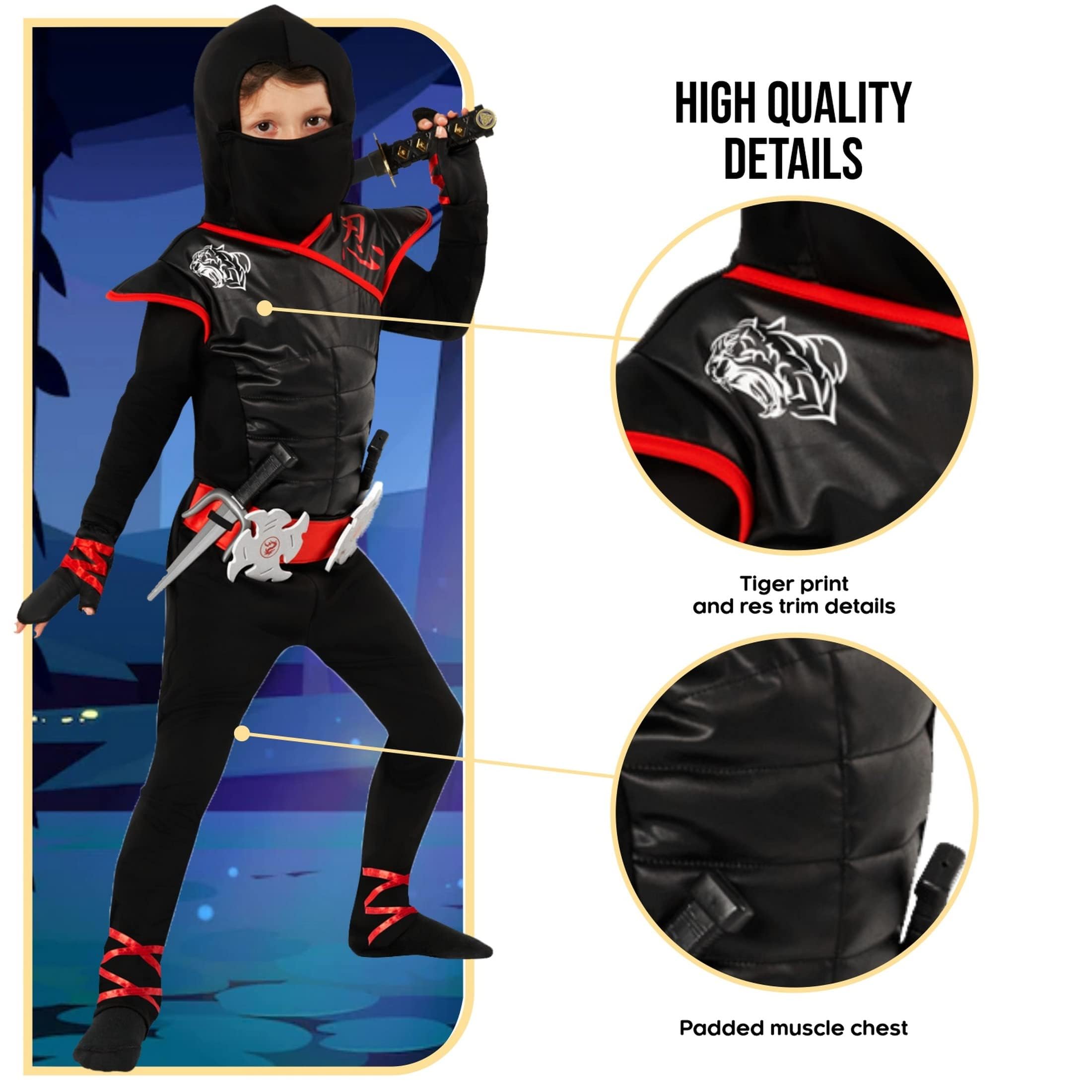 Morph Costume Ninja Bambino, Costume Halloween Bambino | Tuta con Muscoli, Maschera, Guanti, Stelle & Daghe, Cintura Integrata, Perfetto per Halloween, Ideale per il Gioco di Ruolo