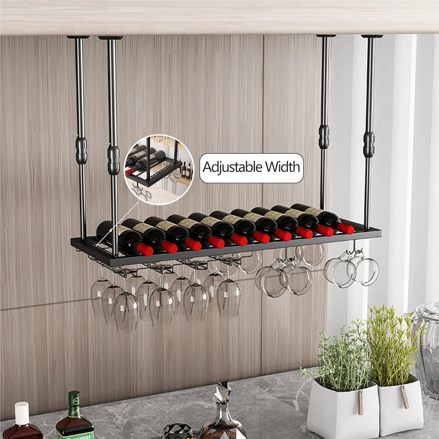 Ceiling Wine Glass RackAdjustable Hanging Holder for Stemware & Wine Bottles Metal Shelf Storage Black Finish SpaceSaving Design for Home & Bar