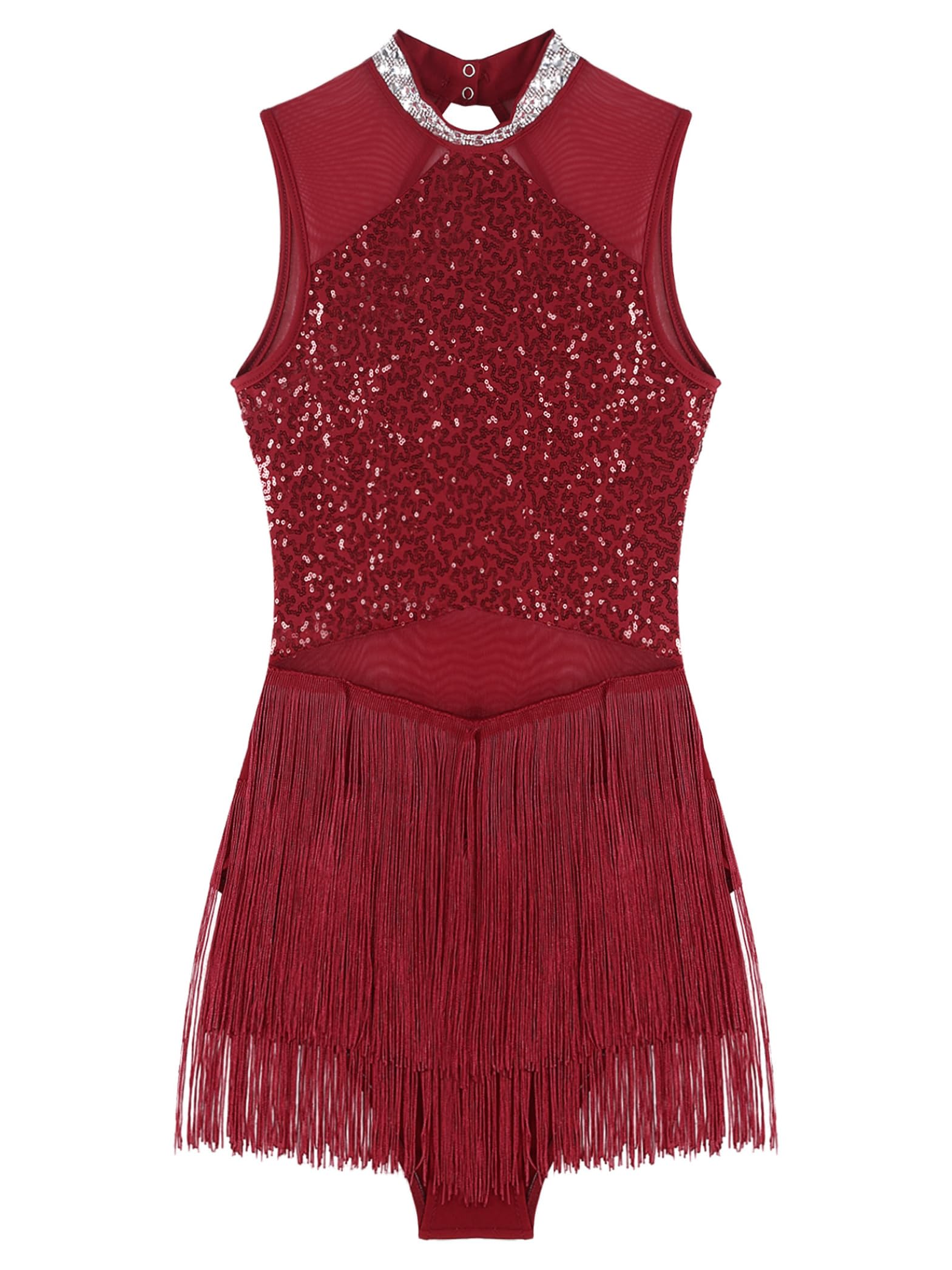 Vestido de baile latino mujer lentejuelas flecos bailarina salsa tango vals