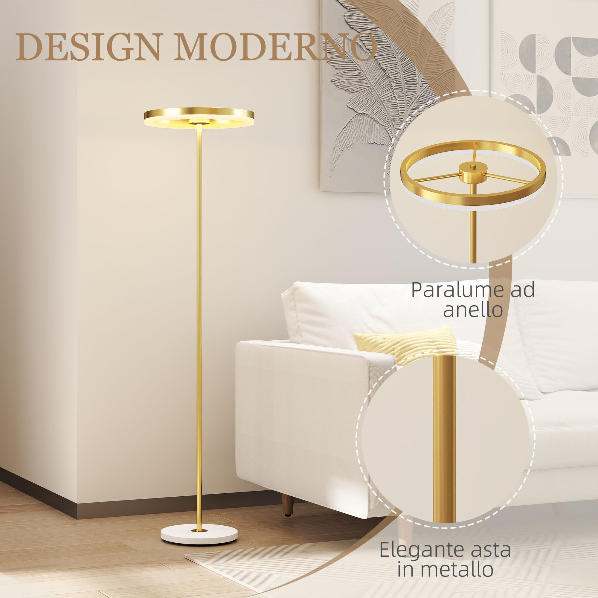 HOMCOM Lampada da Terra Moderna Luce LED Dimmerabile 3 Luminosità Oro | Lampada a Piantana, Paralume in Acrilico, Interruttore a Pedale, per Camera da Letto e Soggiorno