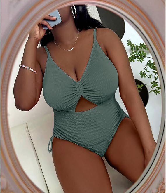 Sexybody Women' s Plus Size Bikini High Waisted One Piece Swimsuits Ribbed Tummy Control Cutout Bathing Suits Ruched V Neck