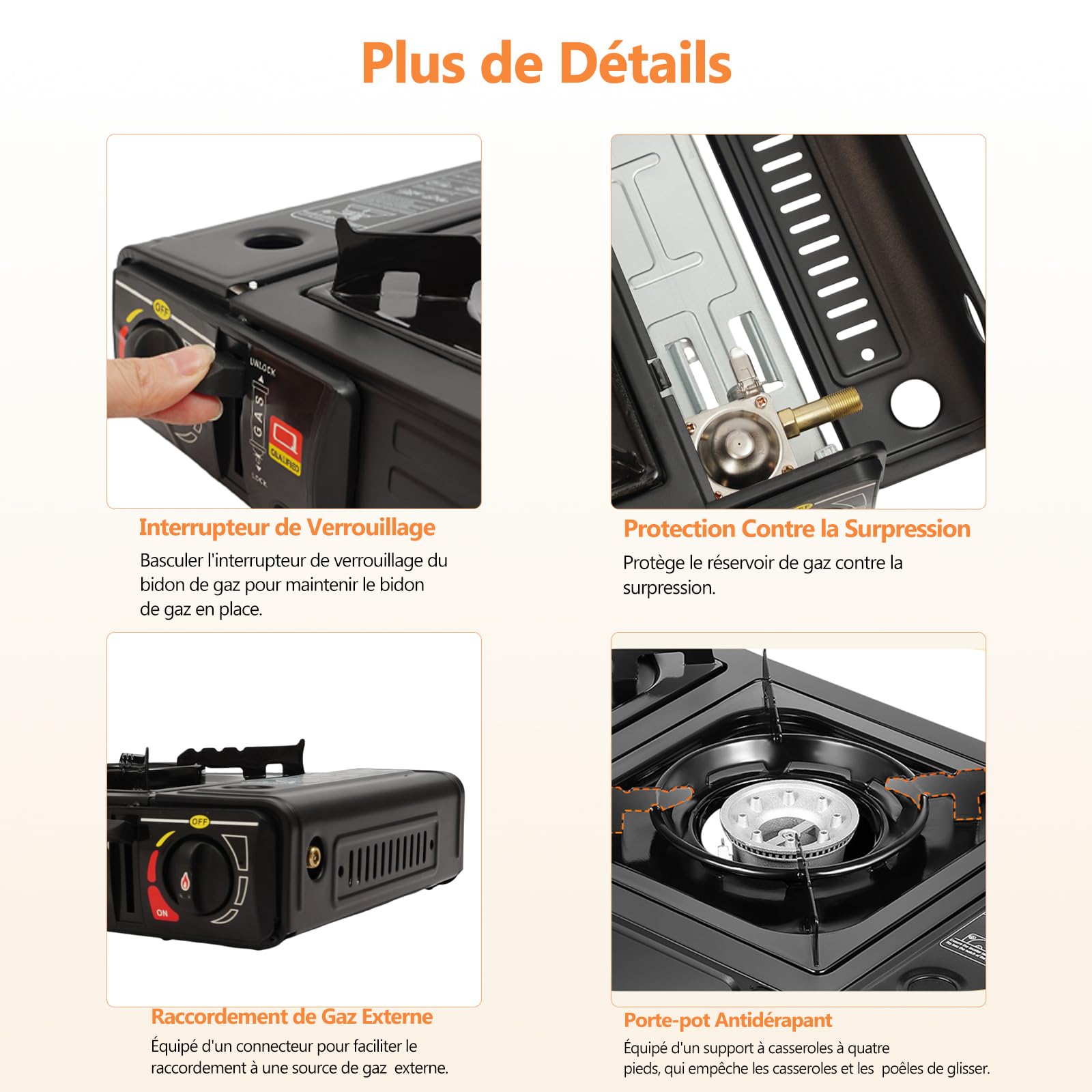 Réchaud à gaz portable 2 feux avec plateau barbecue et mallette de rangement pour camping