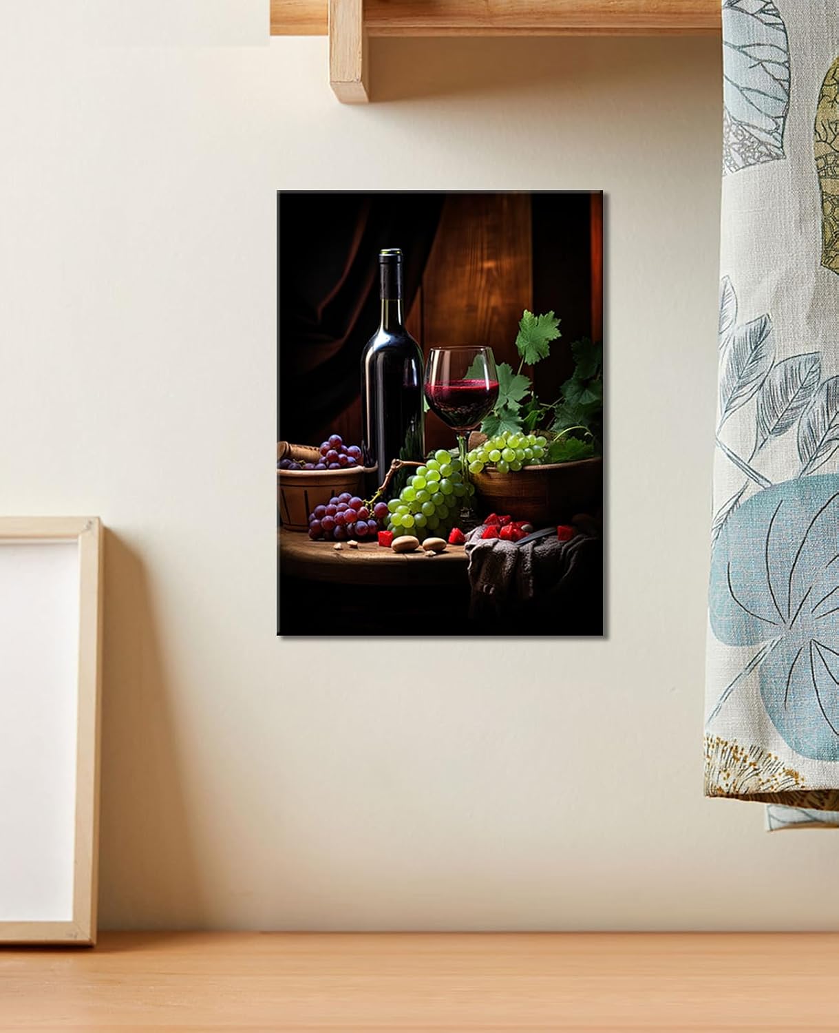 Kitchen Canvas Wall Art Red Wine Bottles Galsses & Grapes on a Table Picture for Dining Room Wall Decor Vintage Still Life Print Painting for Bar Pub Decor,Framed