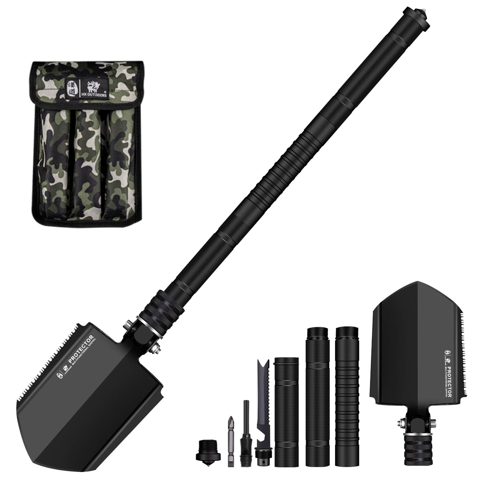 HX Outdoors Camping Shovel, Military Folding Shovel, Foldable Survival Shovel Multitool- Tactical Shovel with Collapsible Spade for Backpacking, Trenching, Hiking, Car Emergency