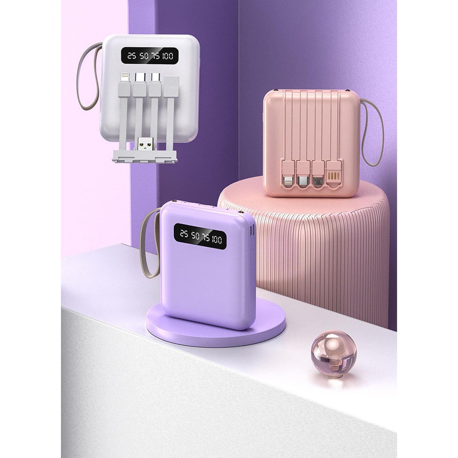 Caricabatterie Portatile Power Bank 20000 mAh con Display, Ricarica Rapida, Power Bank con Ricarica Rapida per Telefono Cellulare, Alimentazione Mobile A 4 Cavi,Viola