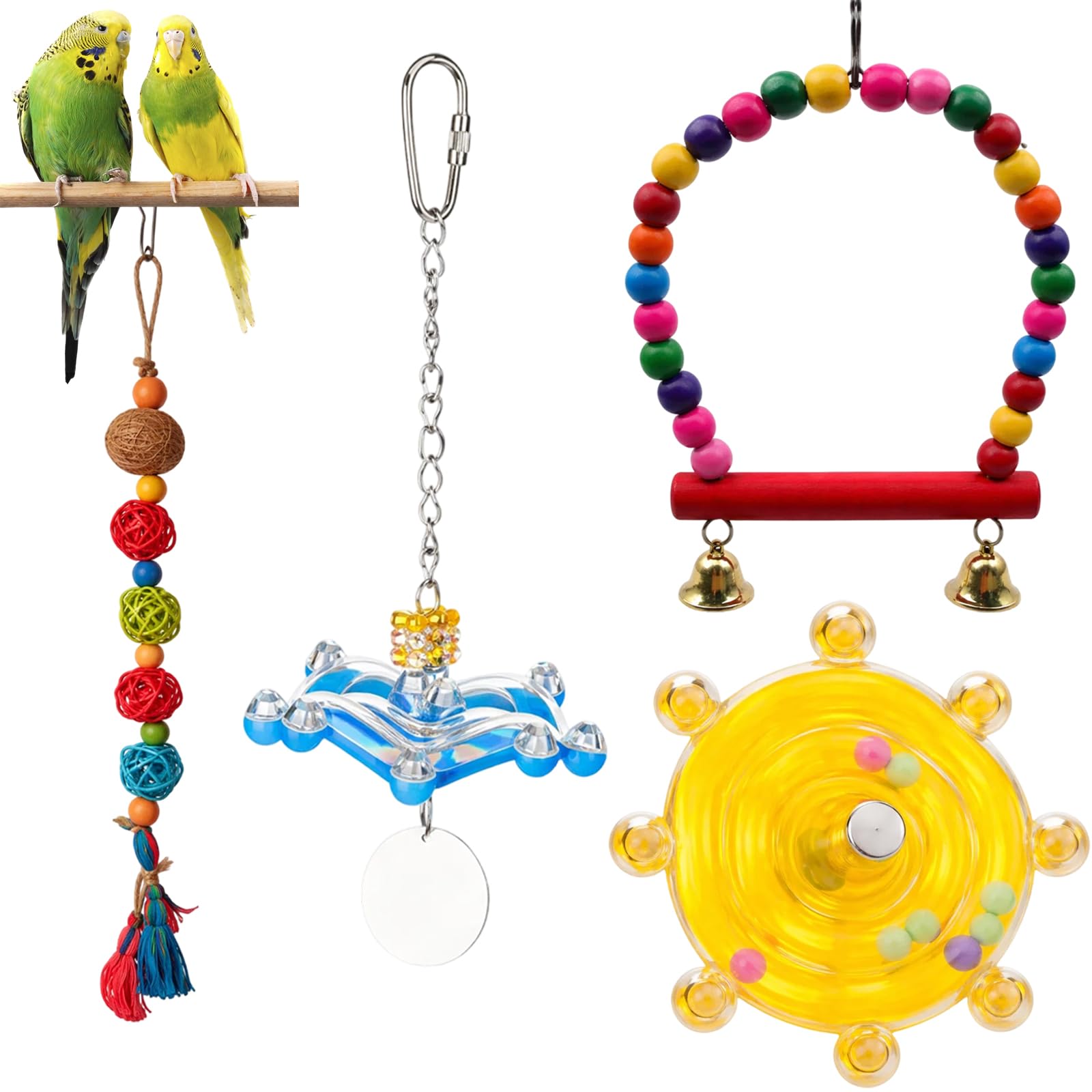 4PCS Budgie Toys, Parrot Toys, Bird Toys, Bird Interaction Accessories For Budgerigar, Cockatiel, Mynah, Lovebird, Finches, For Parrot Beak Exercise And Entertainment
