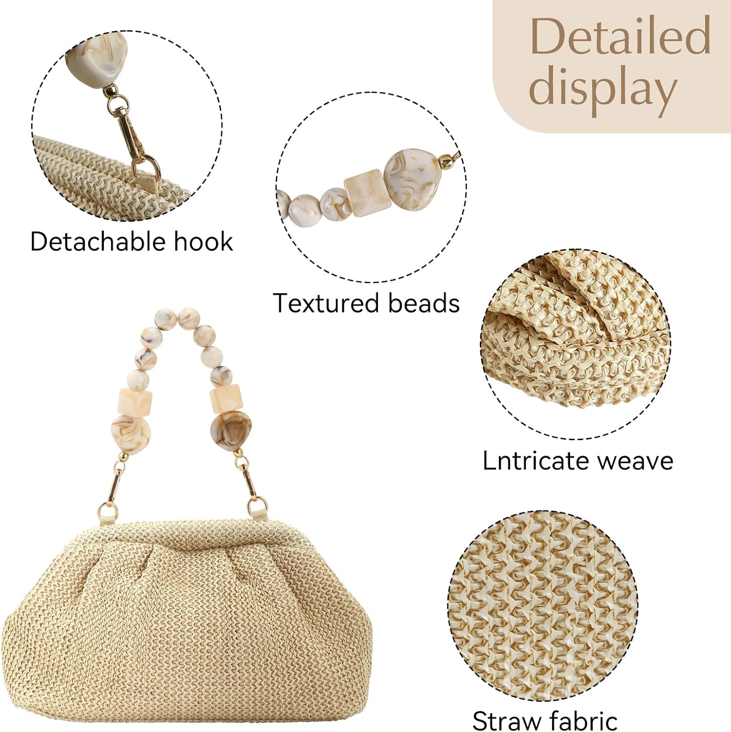 Women's Straw Crossbody Bag Summer Beach, Woven Clutch Purse with Detachable Strap for Vacation