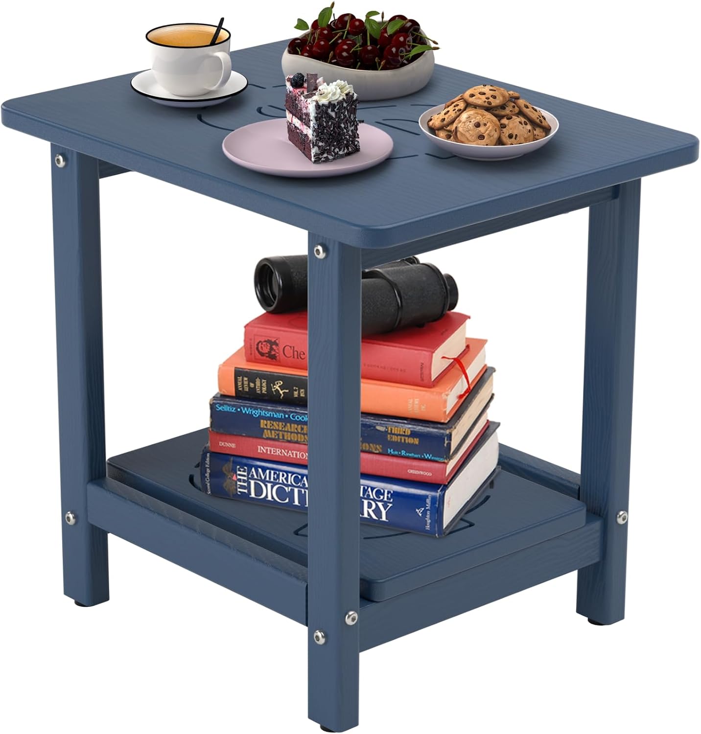 18.9x15x17.9in HDPE Outdoor Side Table, Weatherproof Small Outdoor Table for Adirondack, Patio, Porch, Balcony, Poolside (2-Tier, Navy Blue) Navy Blue 2-Tier