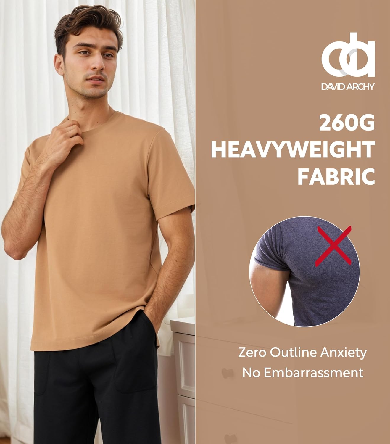DAVID ARCHY Men's Heavyweight T-Shirt 260g Cotton Sorona Moisture-Wicking Shirts Stretch Side Slit Tees for Men 1-Pack - Image 2