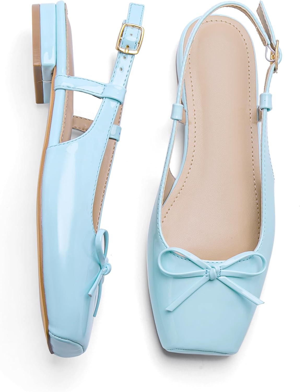 Lhamo Latso Women's Ballet Flats Slingbacks Square Toe Bow Knit Dressy Flat Shoes with Ankle Buckles Satin - Image 2