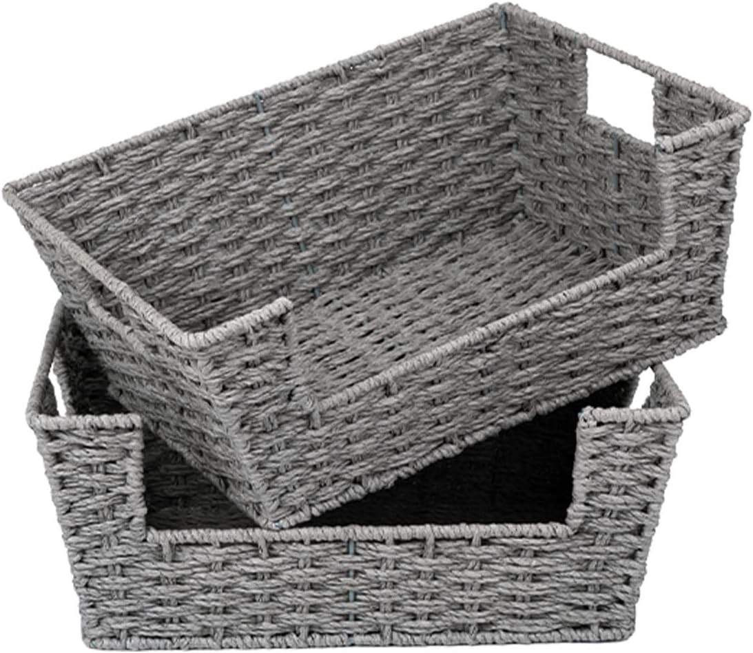 Round Paper Rope Woven Basket for Pantry Organizers and Storage, Stackable Wicker Pantry Baskets for Shelves, Grey, 2-Pack