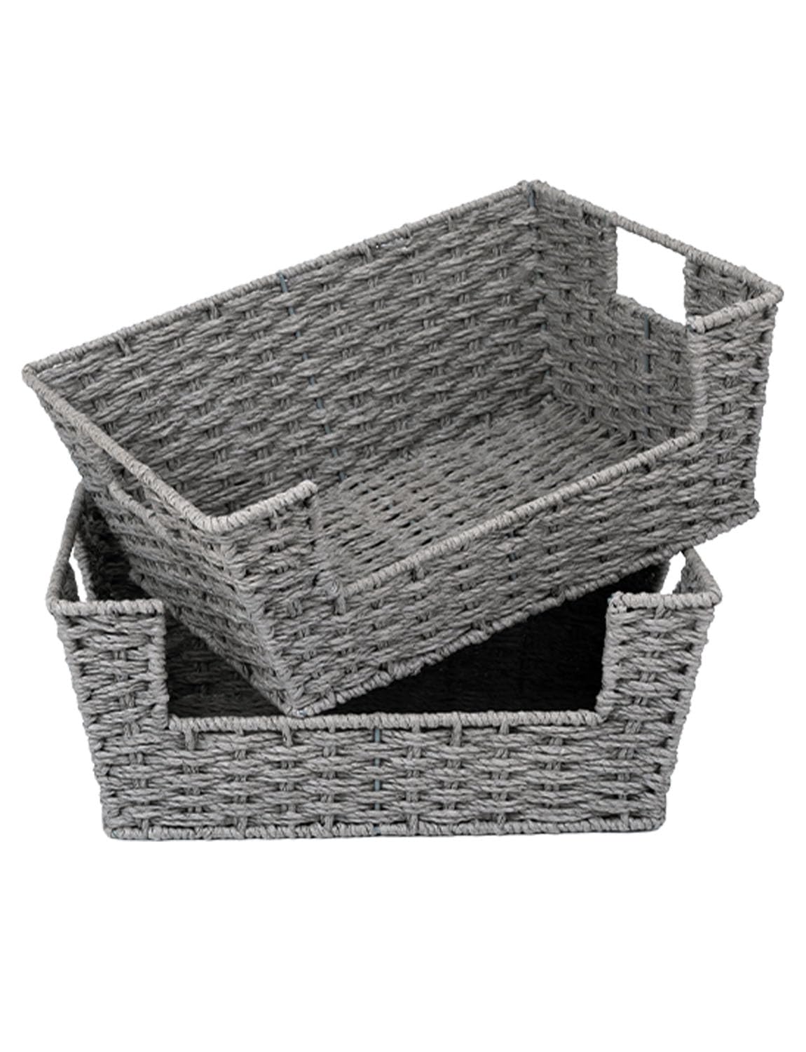 StorageWorks Round Paper Rope Woven Basket for Pantry Organizers and Storage, Stackable Wicker Pantry Baskets for Shelves, Grey, 2-Pack